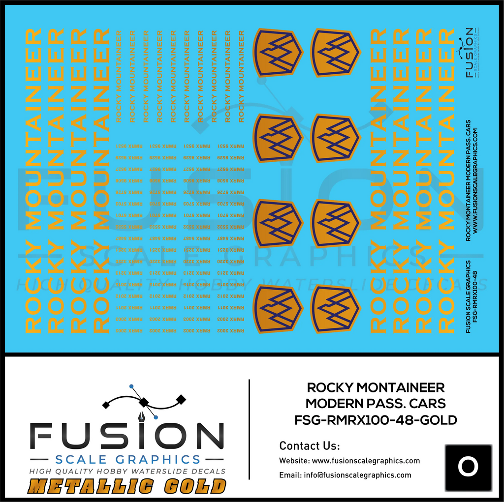 Metallic Gold O Scale Rocky Mountaineer Modern Passenger Cars Decal Set Fusion Scale Graphics