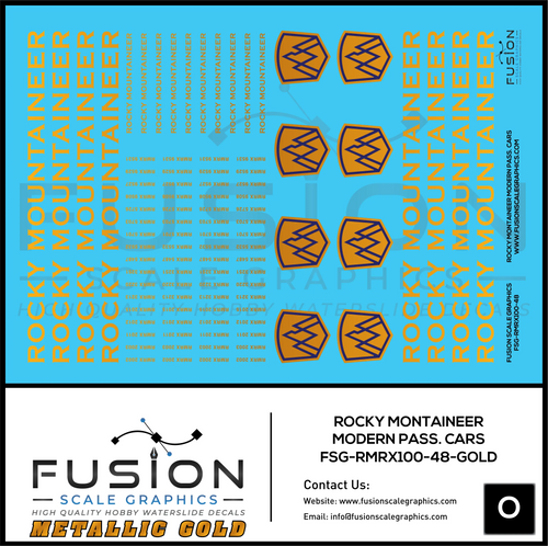 Metallic Gold O Scale Rocky Mountaineer Modern Passenger Cars Decal Set Fusion Scale Graphics