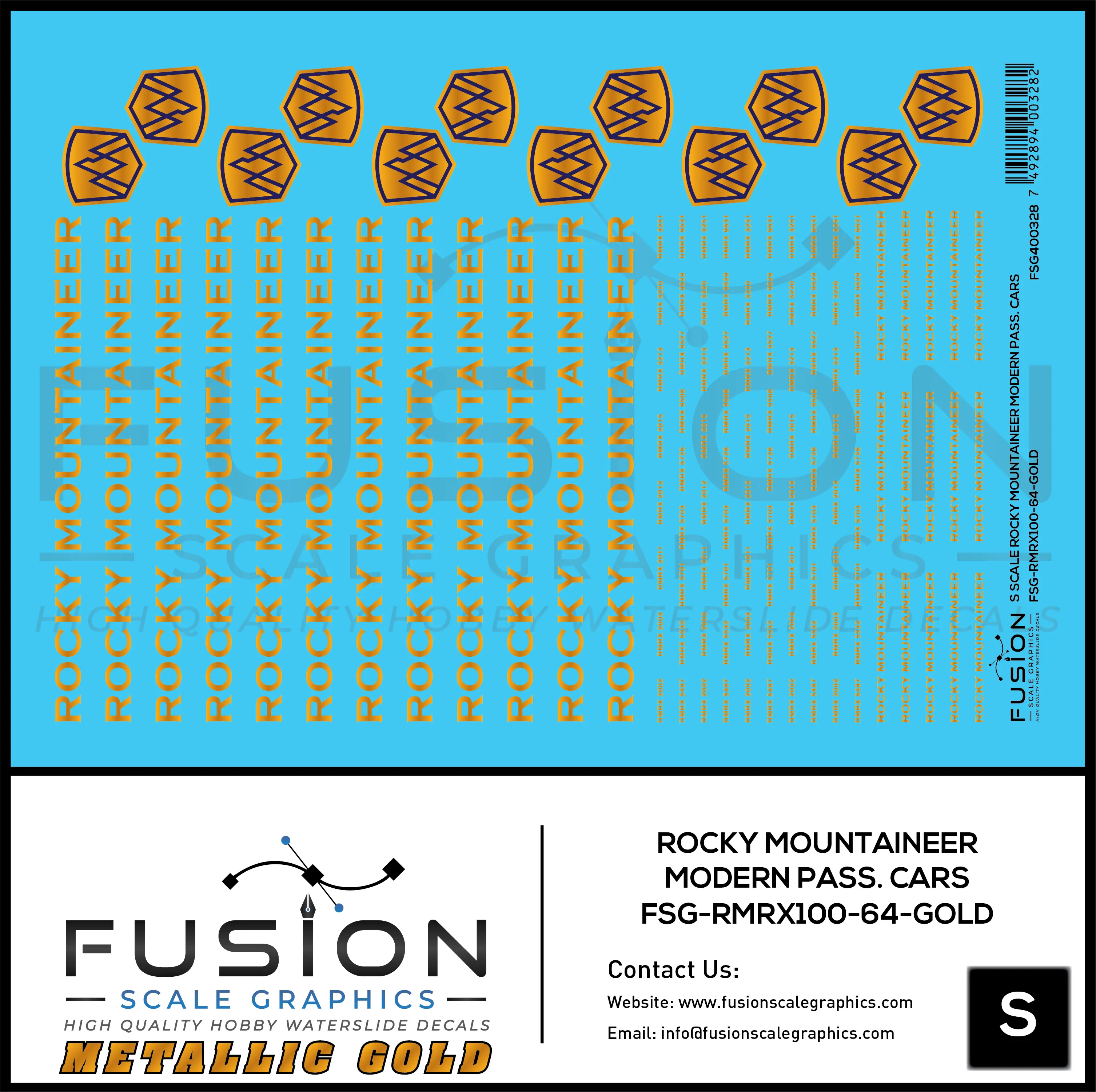 S Scale Metallic Gold Rocky Mountaineer Modern Passenger Cars Decal Set Fusion Scale Graphics