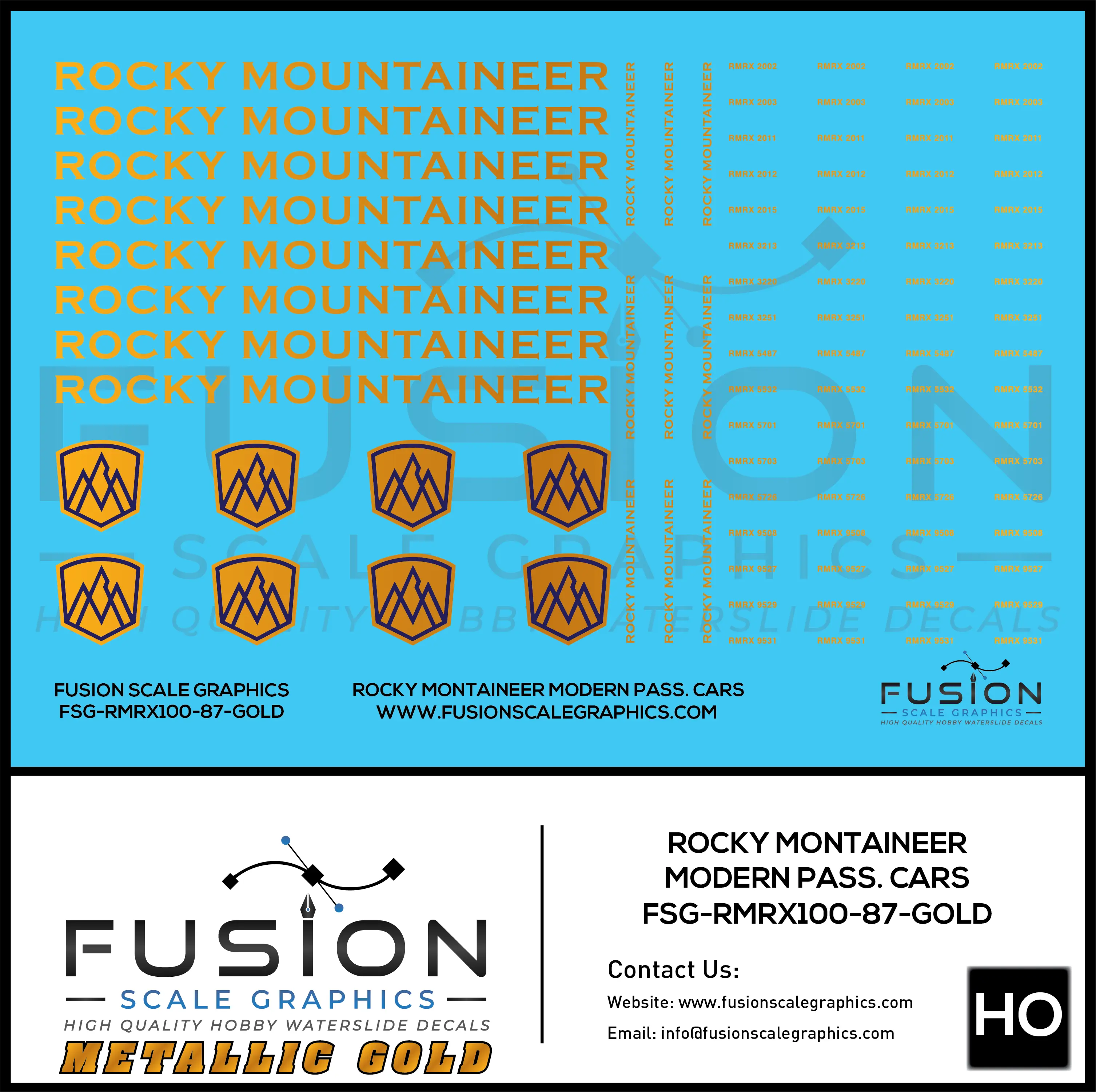 HO Scale Metallic Gold Rocky Mountaineer Passenger Cars Decal Set Fusion Scale Graphics