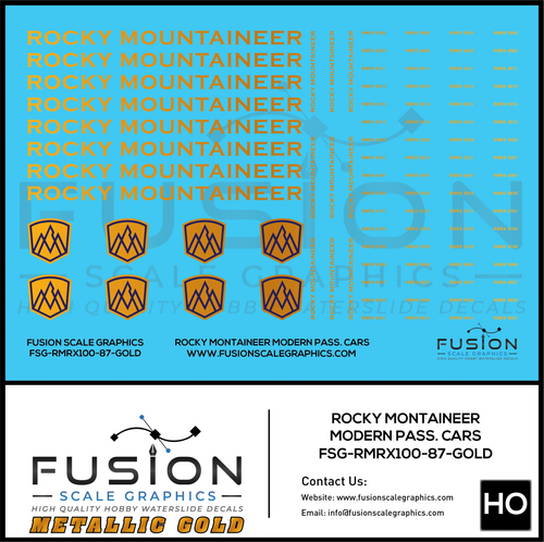 HO Scale Metallic Gold Rocky Mountaineer Passenger Cars Decal Set Fusion Scale Graphics