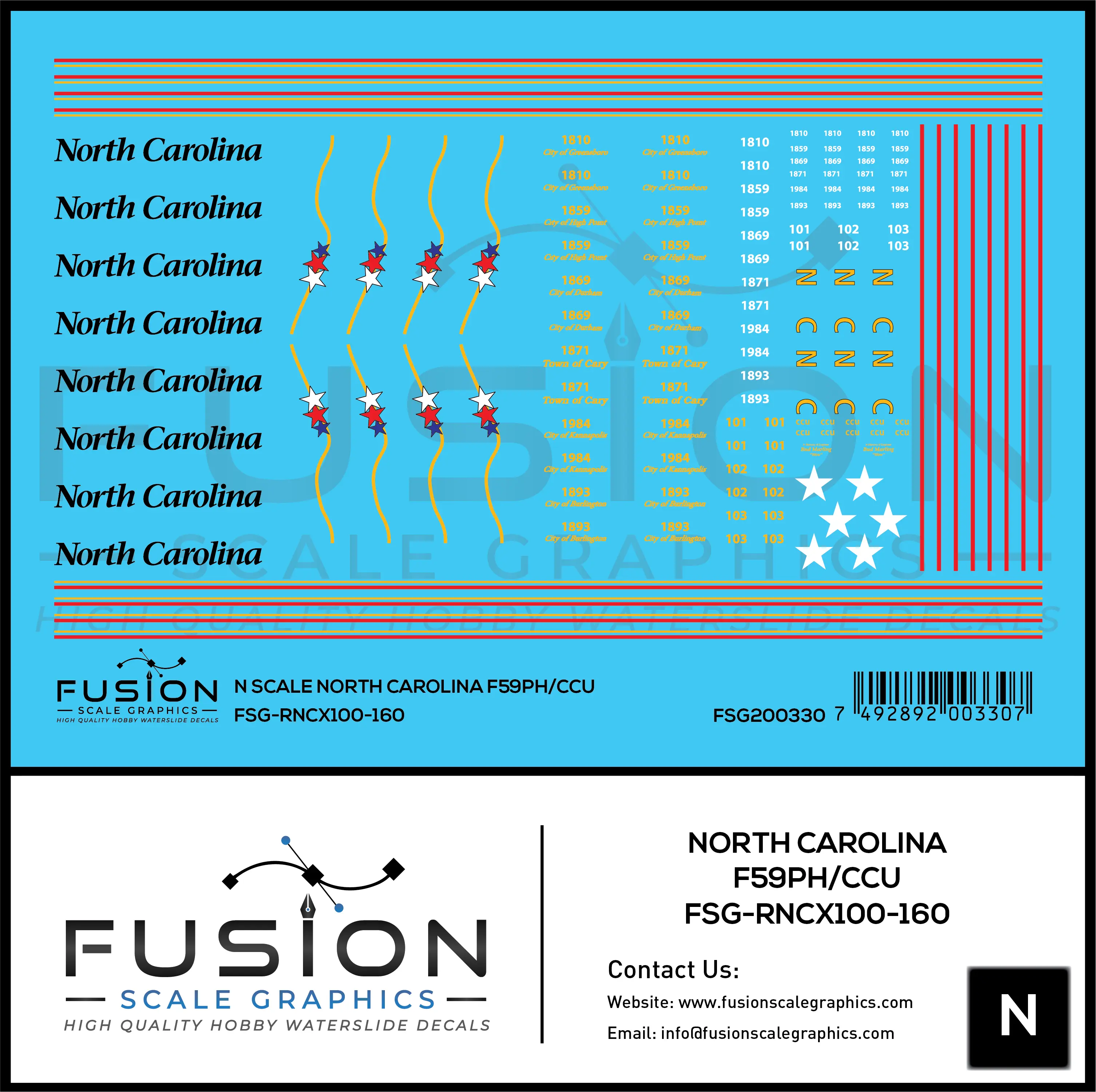 N Scale North Carolina DOT EMD F59PH/CCU Decal Set Fusion Scale Graphics