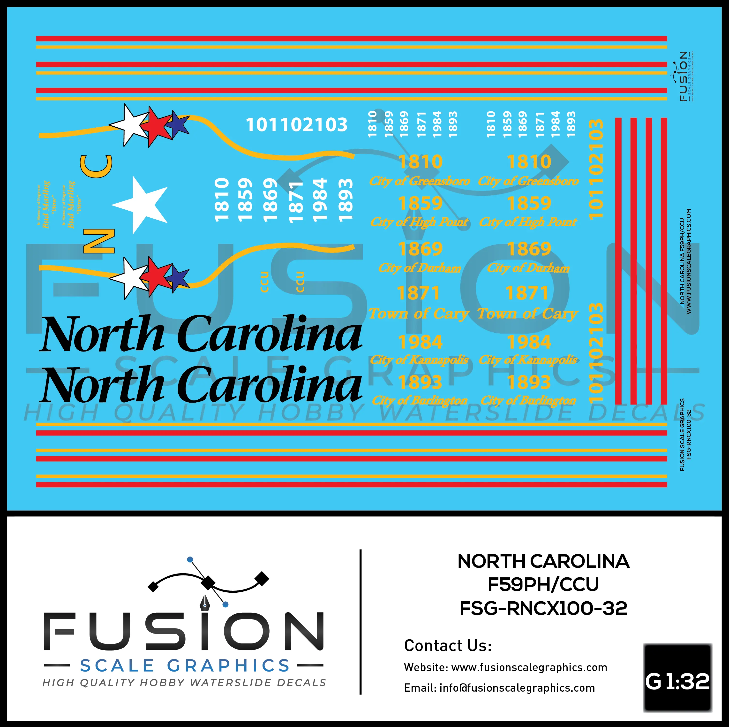 G Scale 1:32 North Carolina EMD F59PH Locomotive Decal Set Fusion Scale Graphics