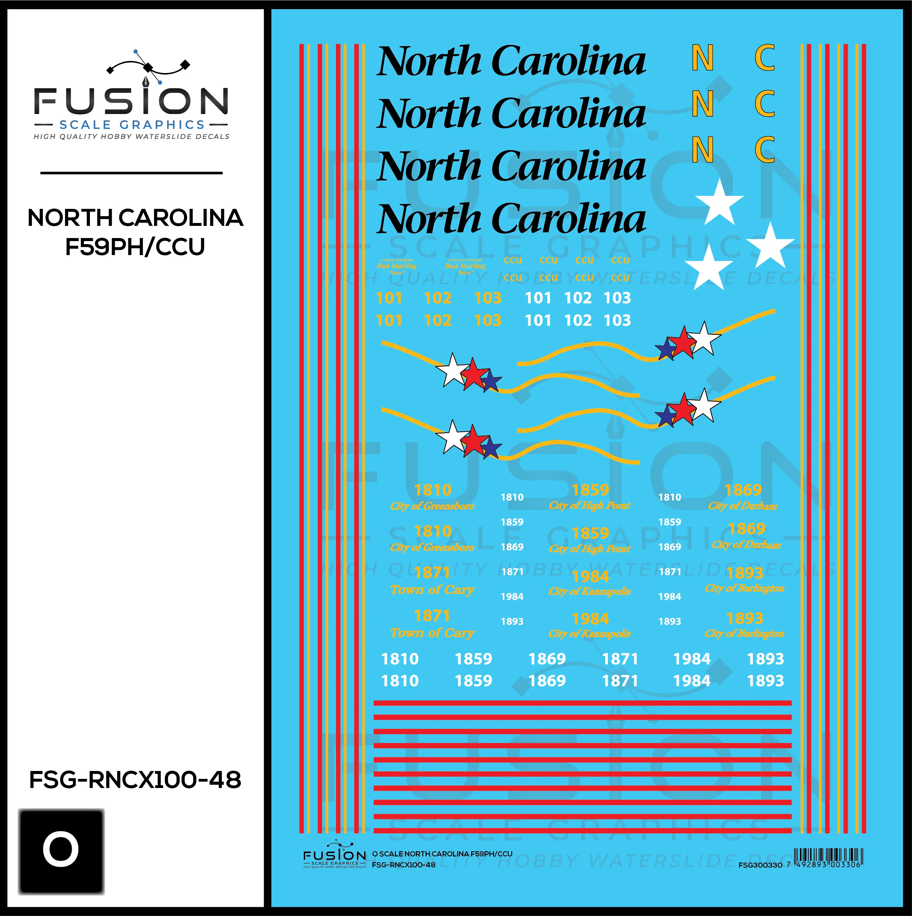 O Scale North Carolina DOT EMD F59PH/CCU Decal Set Fusion Scale Graphics