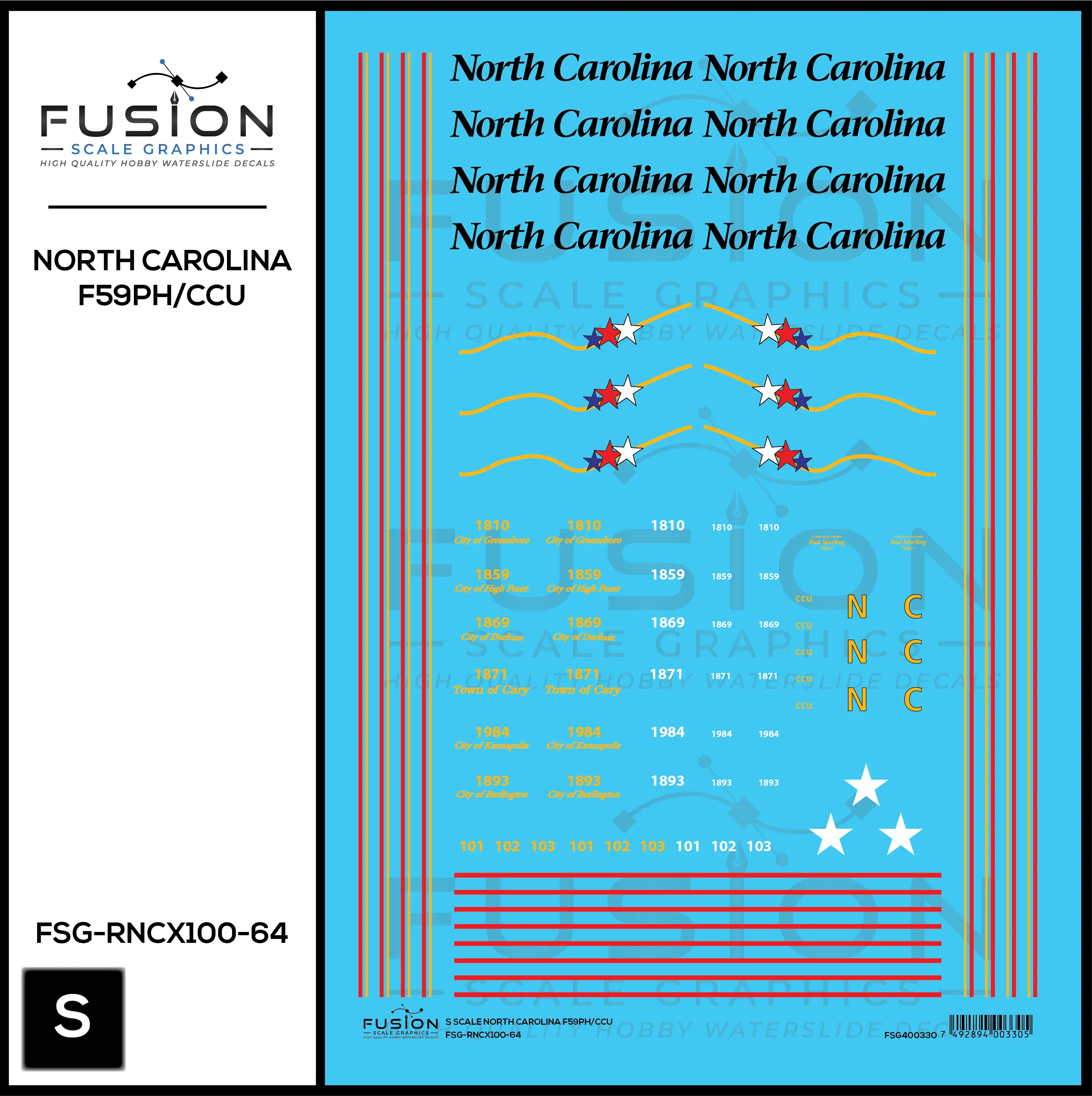S Scale North Carolina DOT EMD F59PH/CCU Decal Set Fusion Scale Graphics