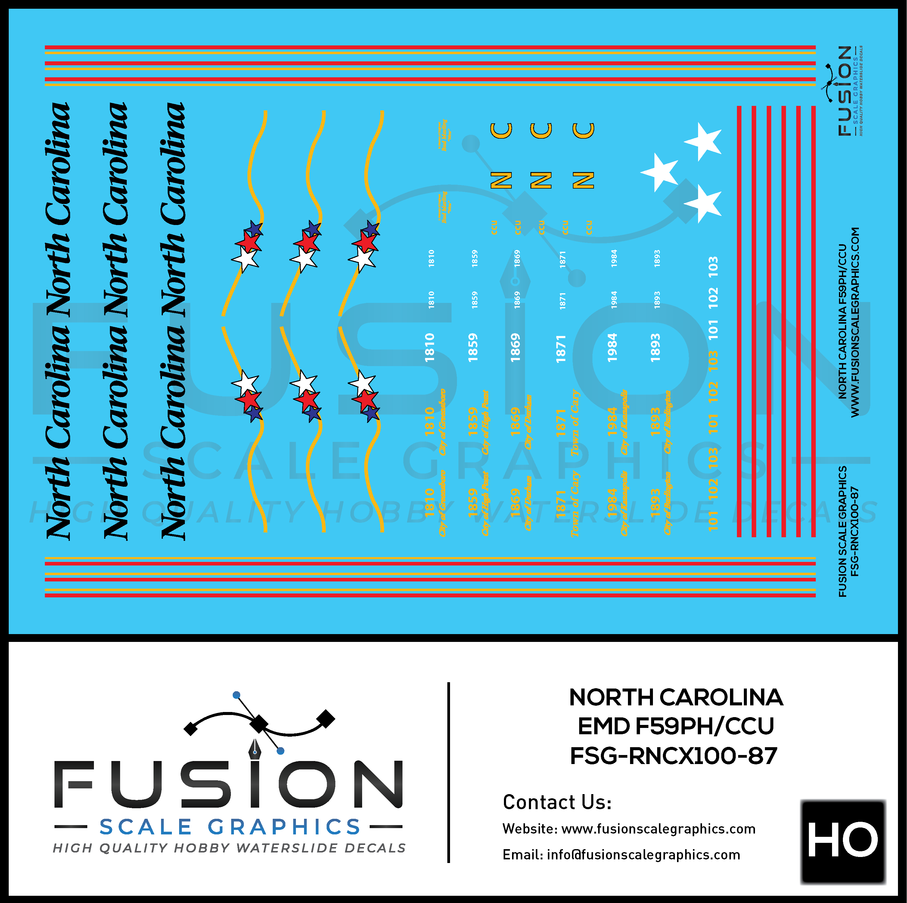 HO Scale North Carolina F59PH CCU Locomotive Decal Set Fusion Scale Graphics