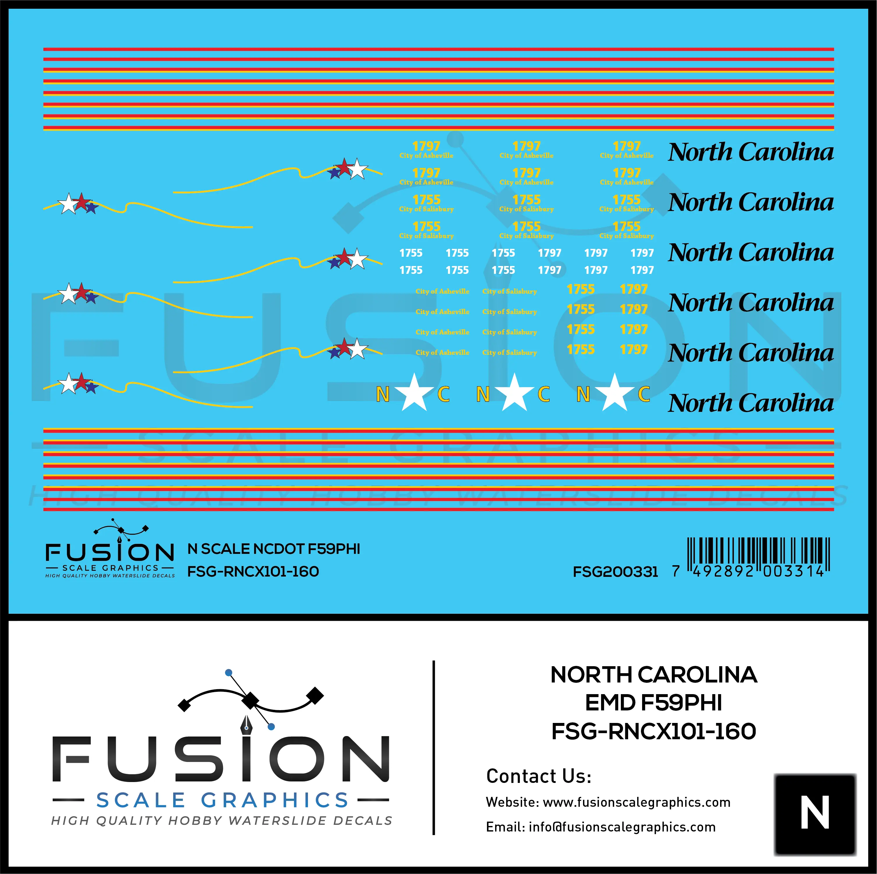 N Scale North Carolina DOT EMD F59PHI Locomotive Decal Set Fusion Scale Graphics