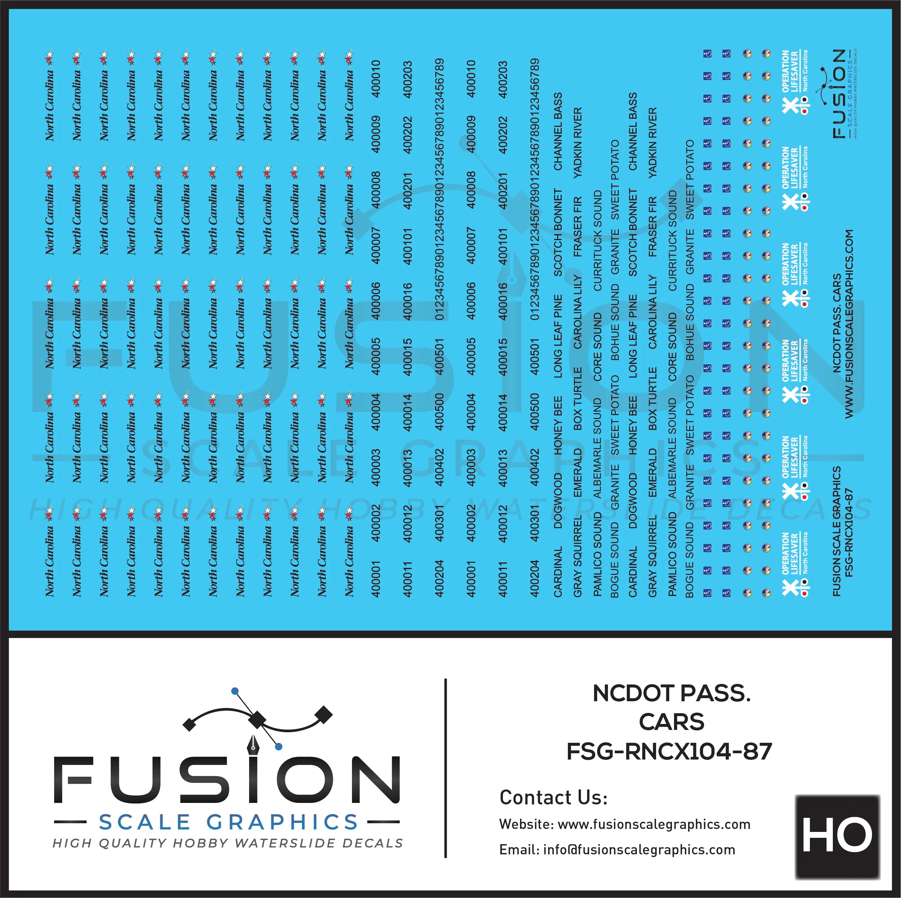 HO Scale North Carolina NCDOT Passenger Cars Decal Set Fusion Scale Graphics