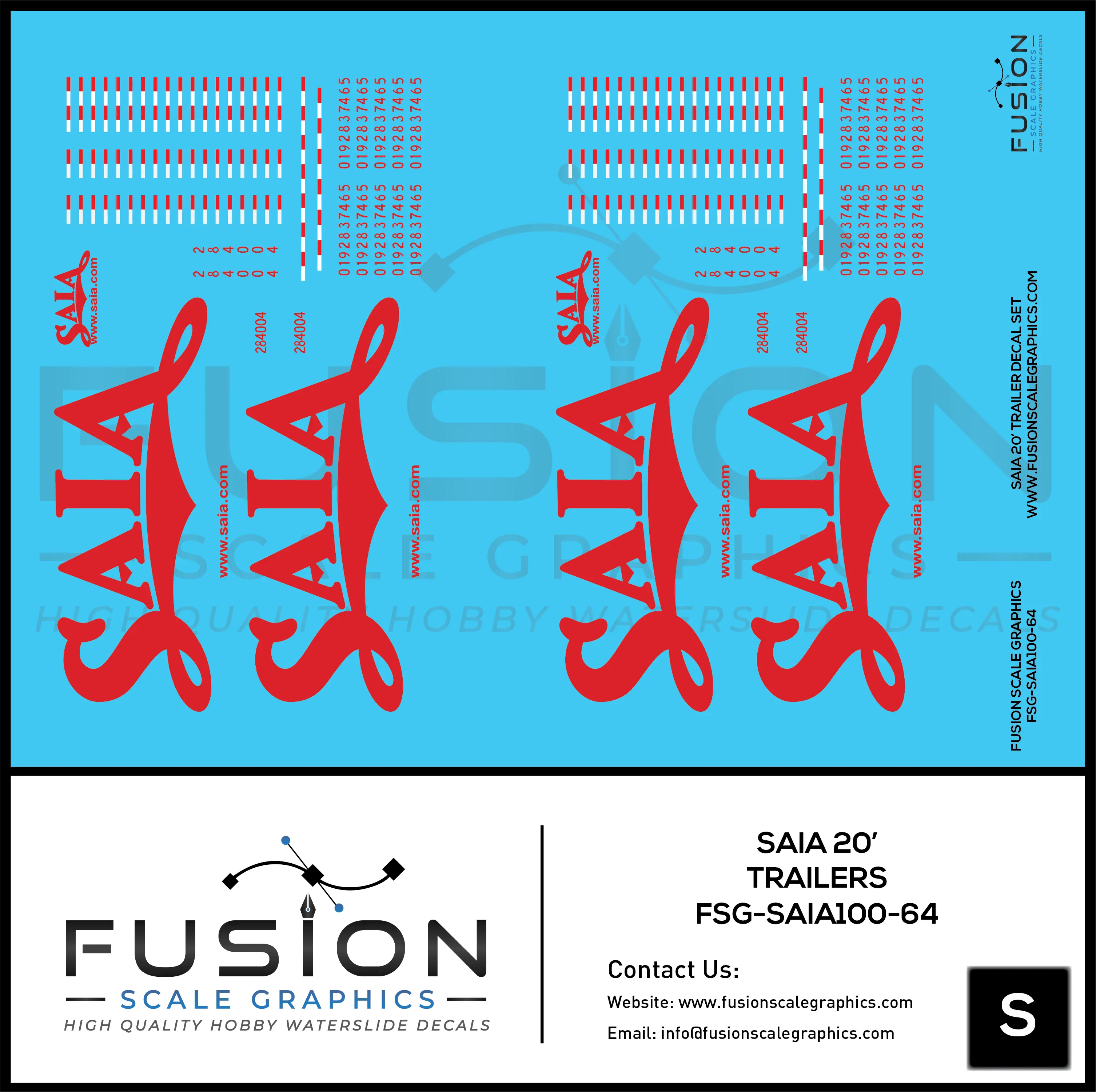 S Scale 1:64 Saia 20' Trailer Decal Set Fusion Scale Graphics