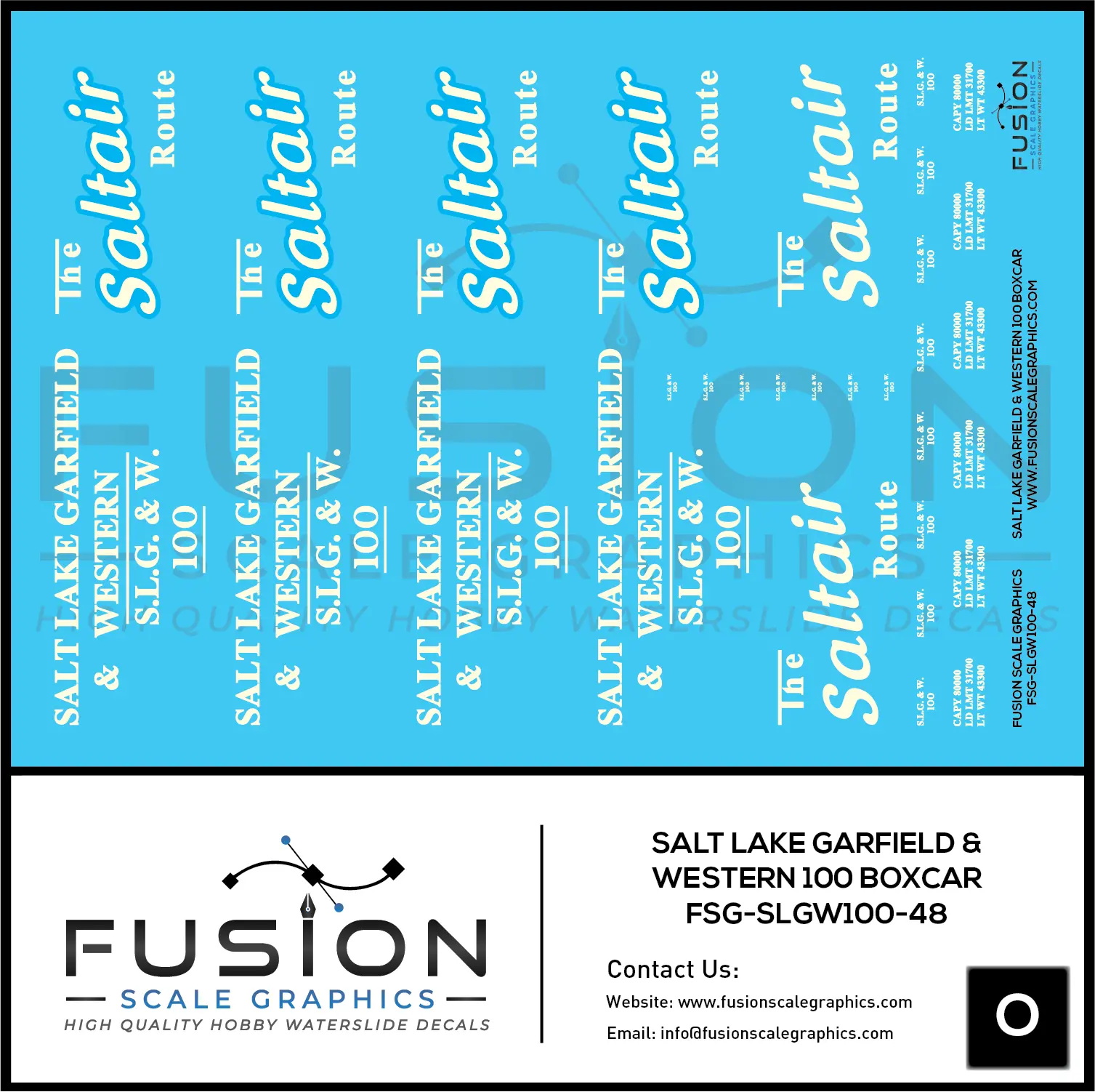 O Scale Salt Lake Garfield & Western Railway Boxcar 100 Decal Set Fusion Scale Graphics