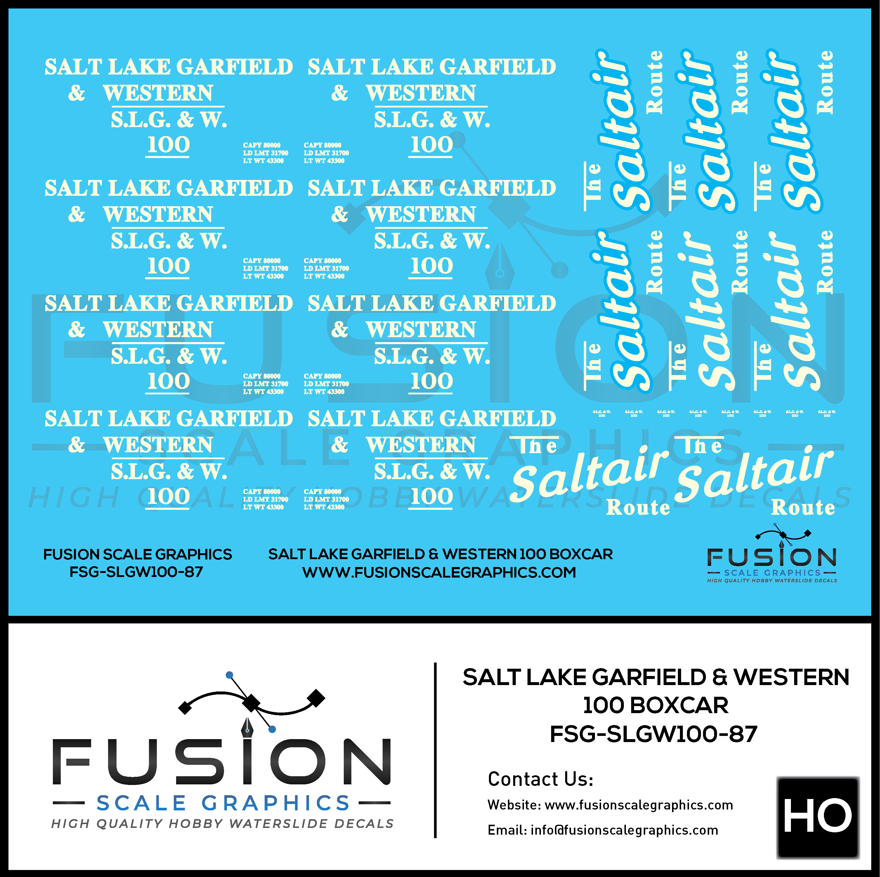 HO Scale Salt Lake Garfield & Western Railway Boxcar 100 Decal Set Fusion Scale Graphics