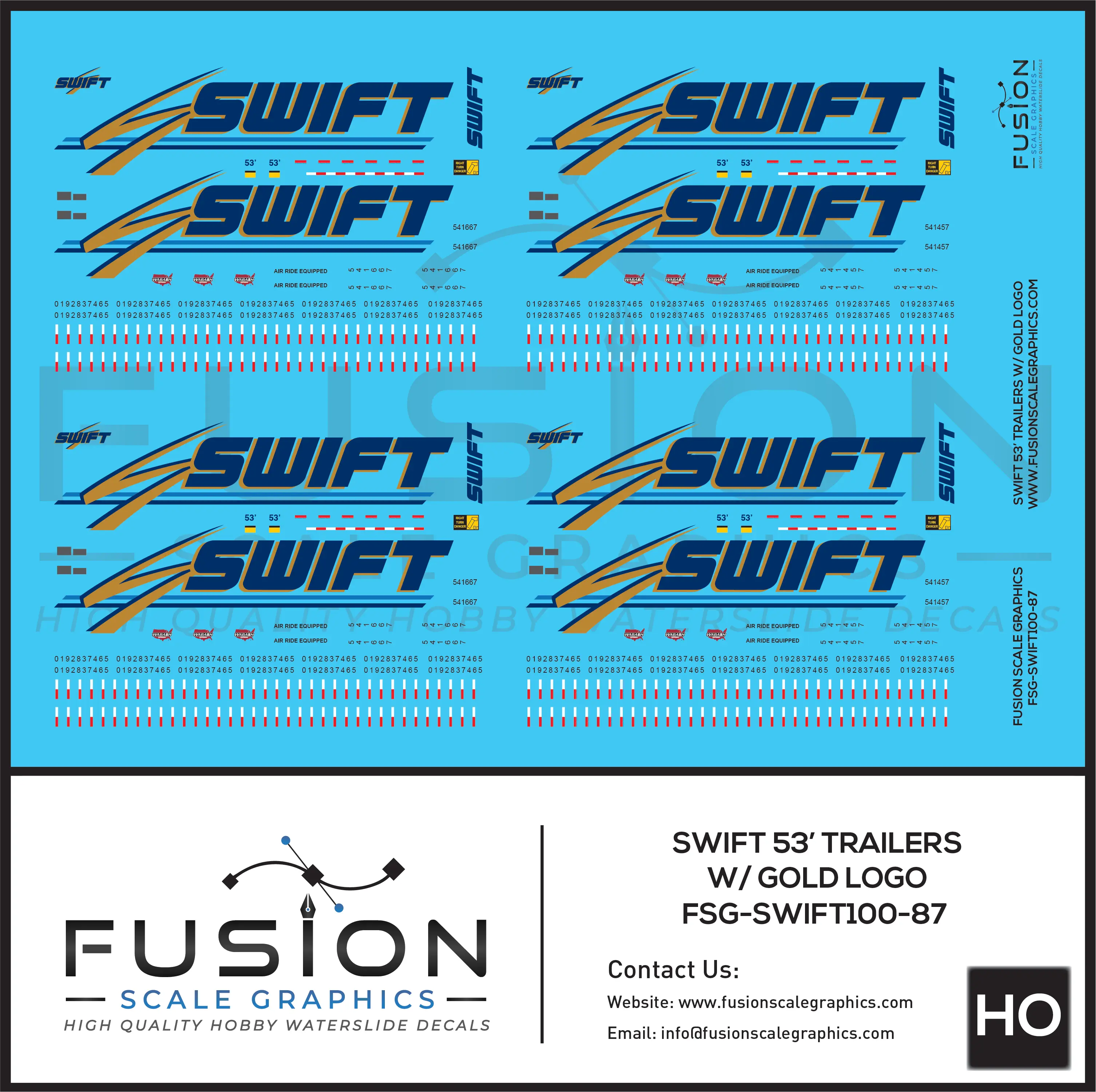 HO Scale Swift 53' Truck Trailers W/ Gold Logo Decal Set Fusion Scale Graphics