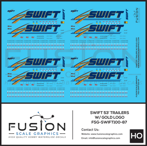 HO Scale Swift 53' Truck Trailers W/ Gold Logo Decal Set Fusion Scale Graphics