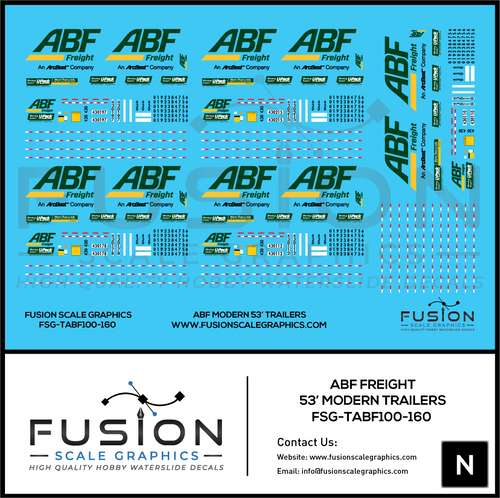 N Scale ABF Freight Modern 53' Truck Trailers Decal Set Fusion Scale Graphics