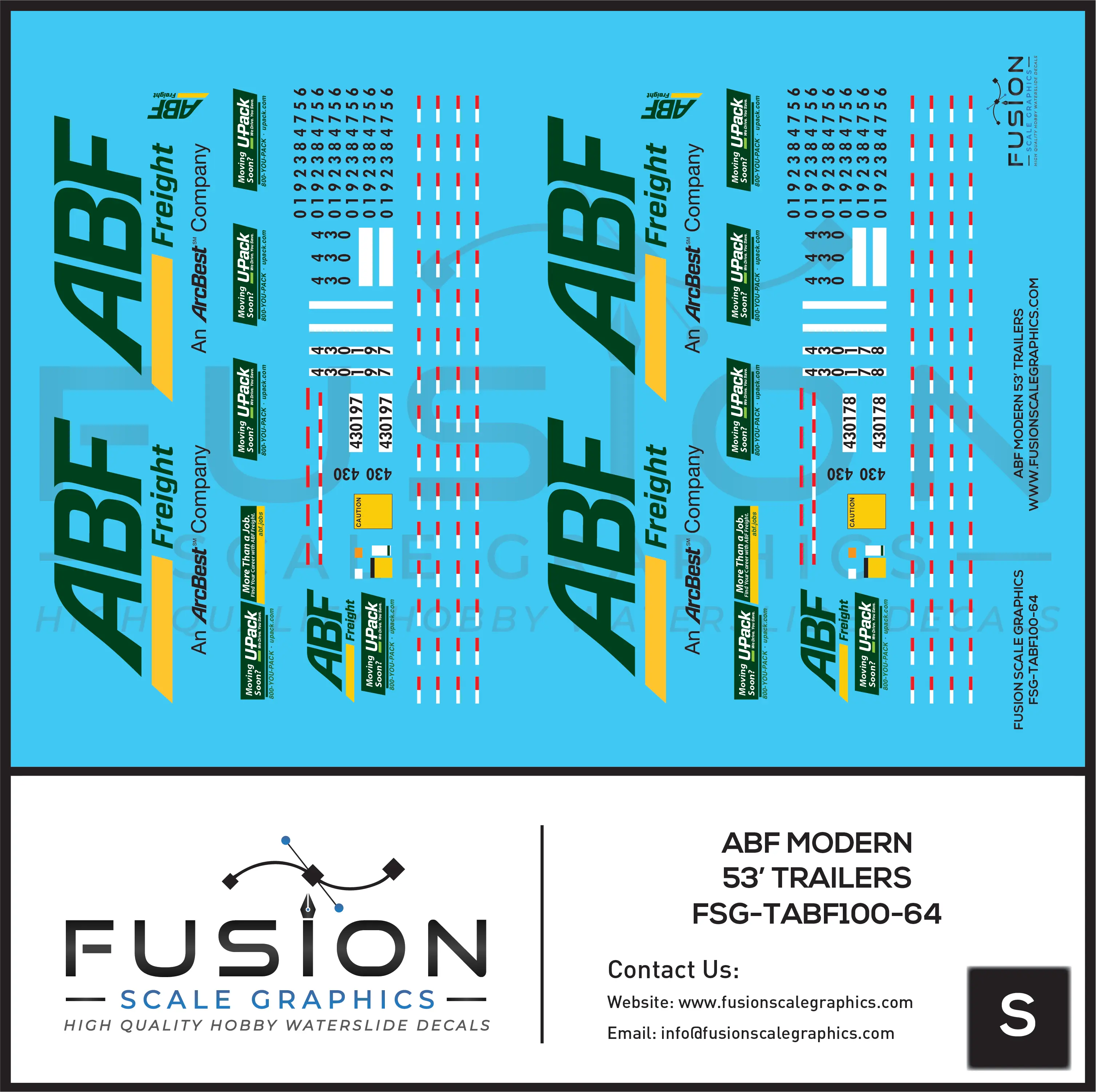 S Scale 1:64 ABF Freight Modern 53' Truck Trailers Decal Set Fusion Scale Graphics