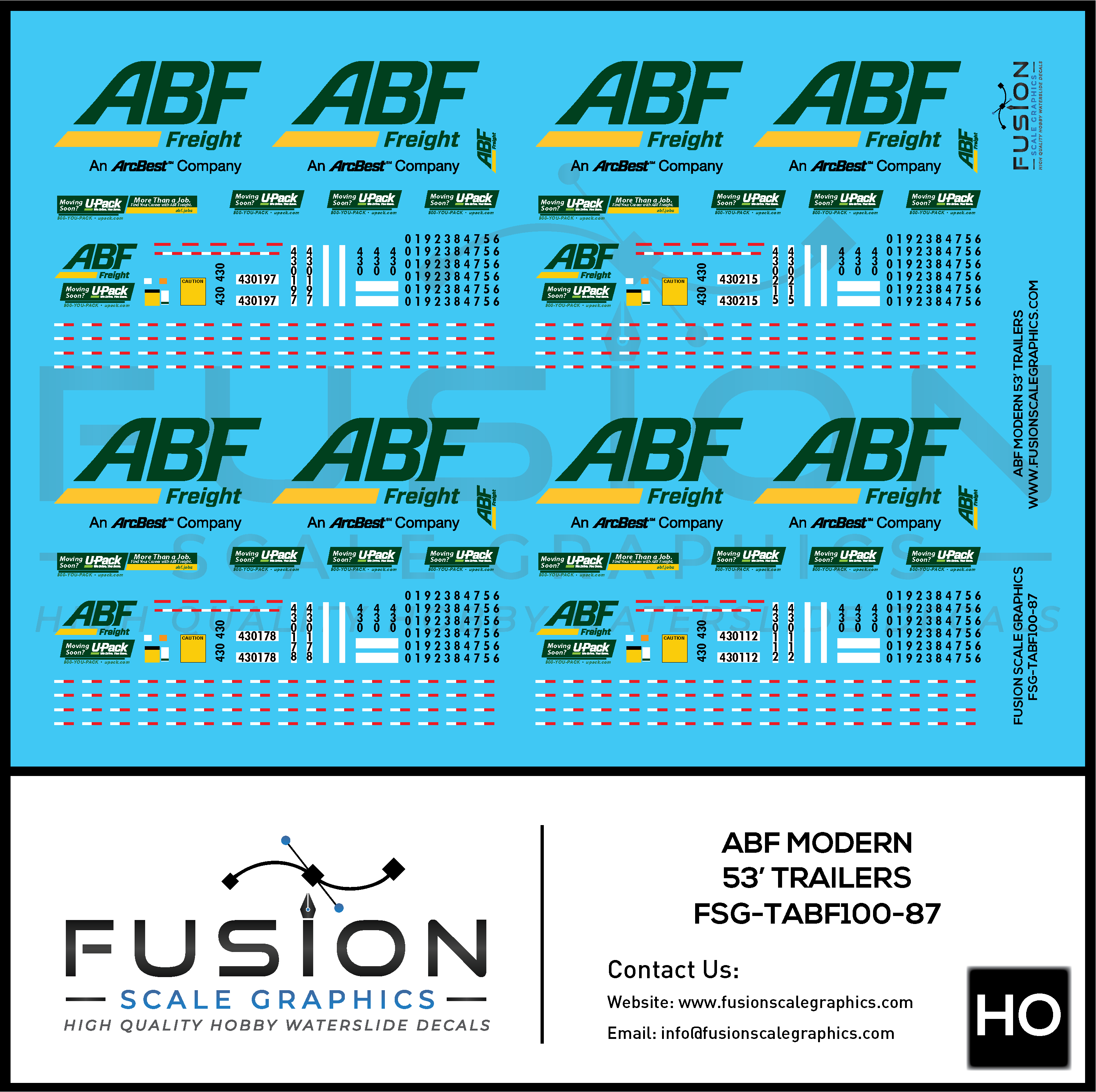 HO Scale ABF Freight Modern 53' Truck Trailers Decal Set Fusion Scale Graphics