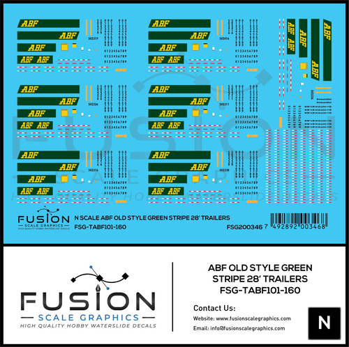N Scale ABF Freight Old Style Green Stripe 28' Truck Trailers Decal Set Fusion Scale Graphics