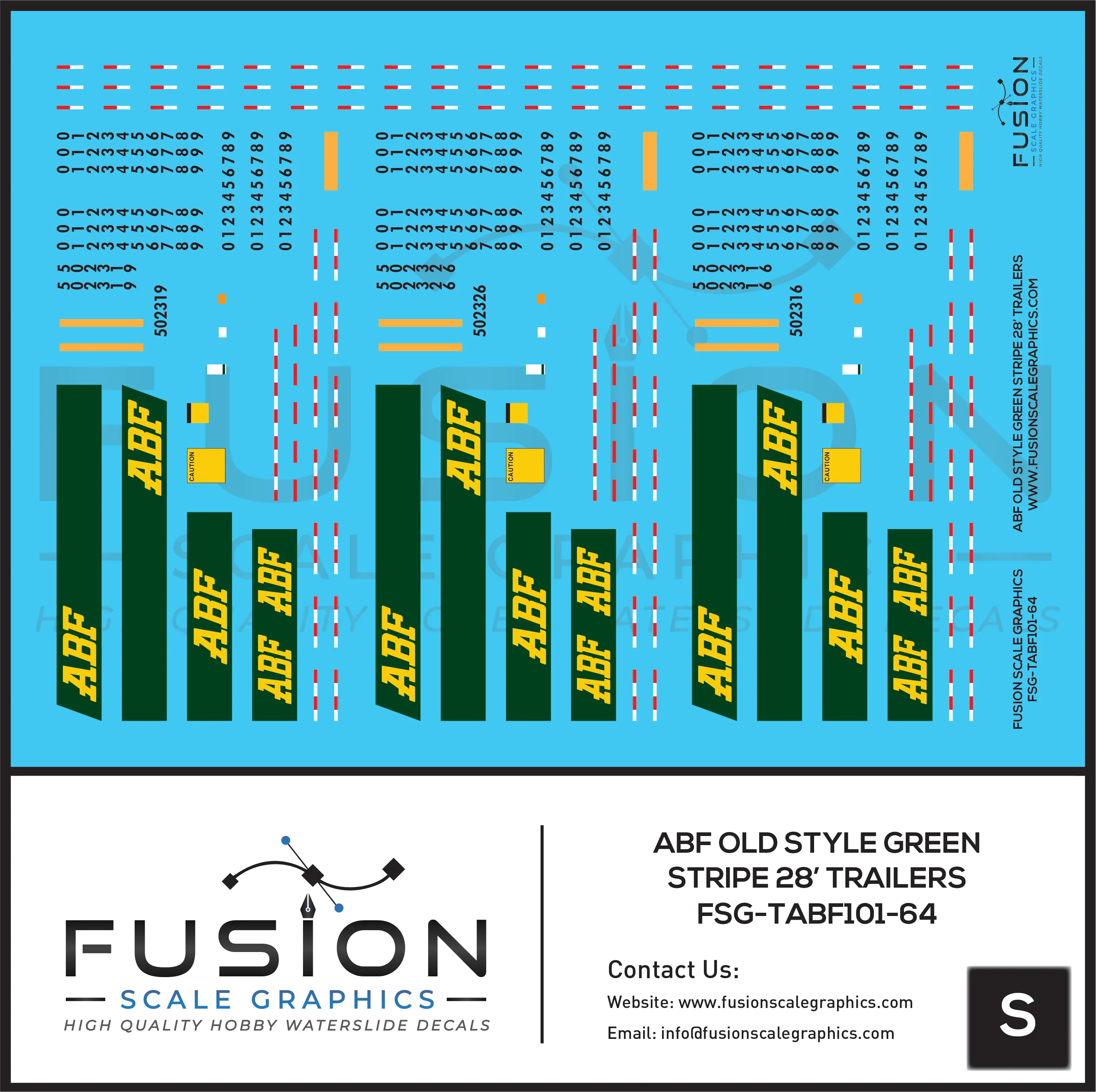 S Scale 1:64 ABF Freight Old Style Green Stripe 28' Truck Trailers Decal Set Fusion Scale Graphics