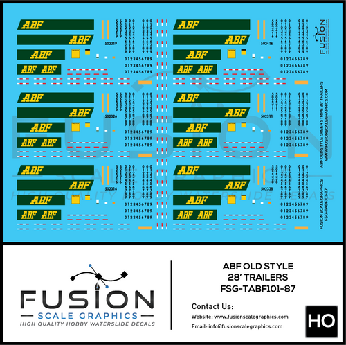 HO Scale ABF Freight Old Style Green Stripe 28' Truck Trailers Decal Set Fusion Scale Graphics