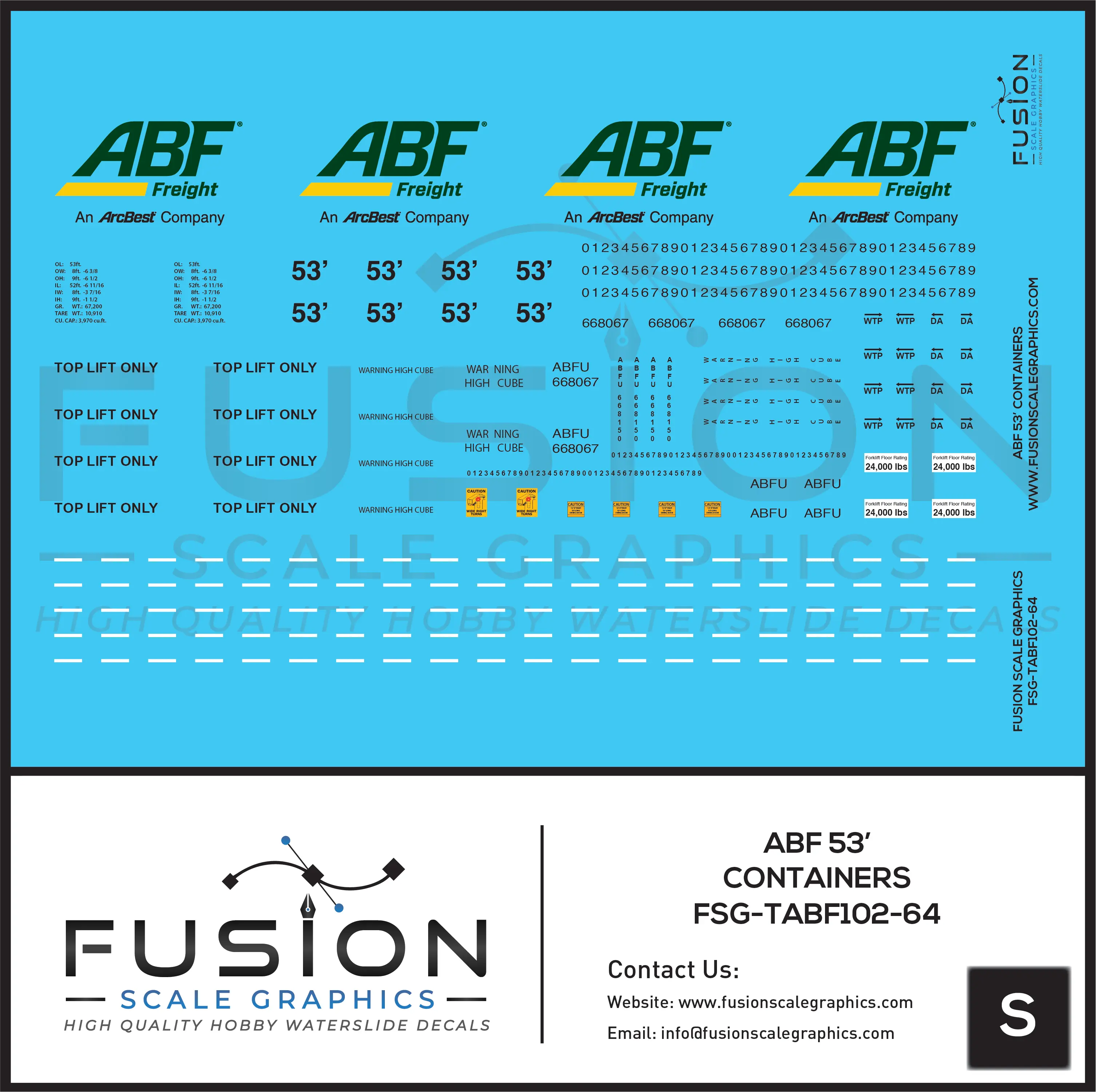 S Scale 1:64 ABF Freight Modern 53' Containers Decal Set Fusion Scale Graphics