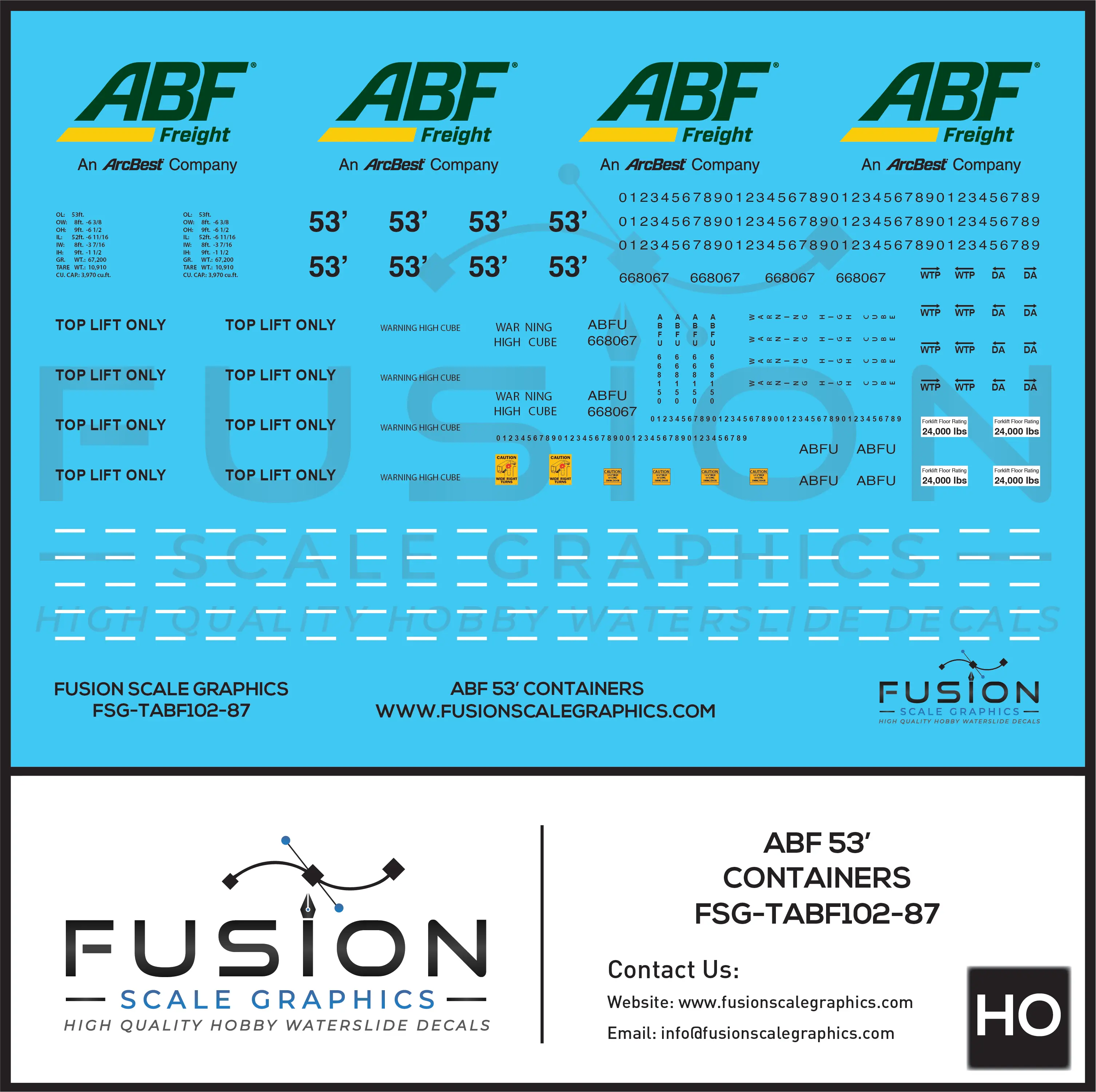 HO Scale ABF Freight Modern 53' Containers Decal Set Fusion Scale Graphics