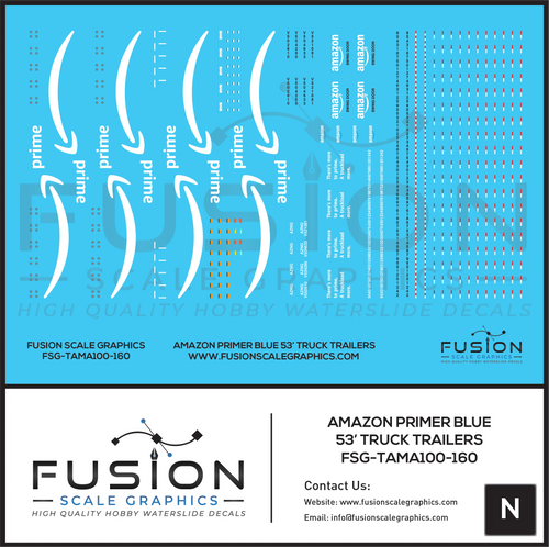 N Scale Amazon Blue 53' Truck Trailer Decal Set Little P Logo Fusion Scale Graphics
