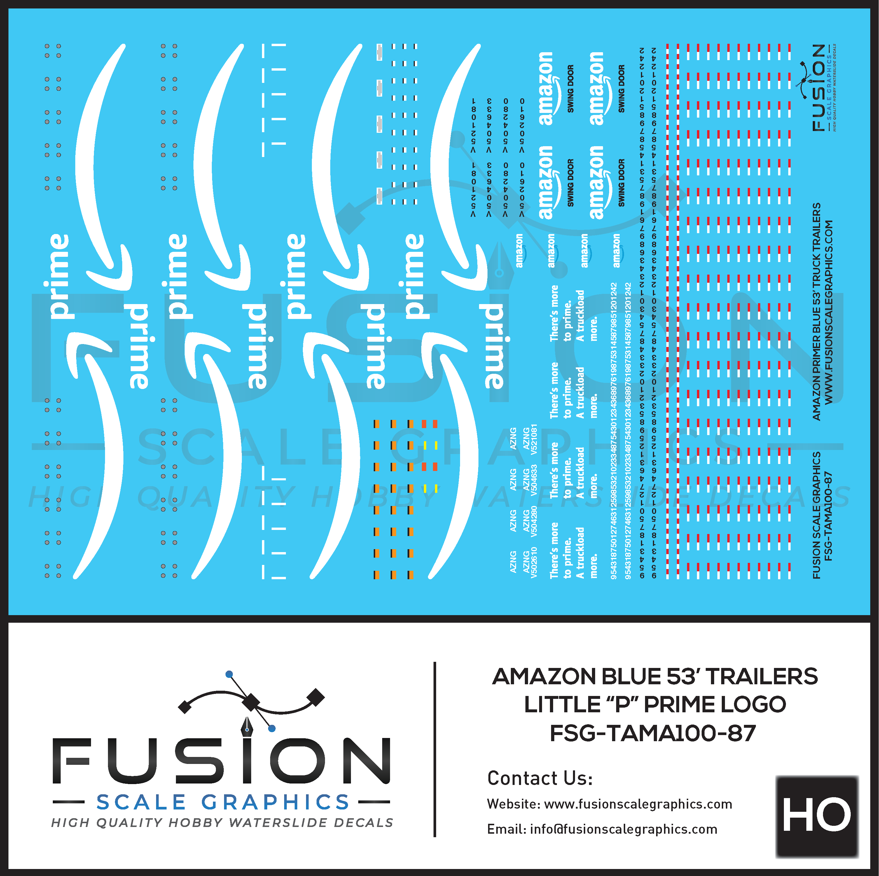 HO Scale Amazon Blue 53' Truck Trailer Decal Set Little P Logo Fusion Scale Graphics