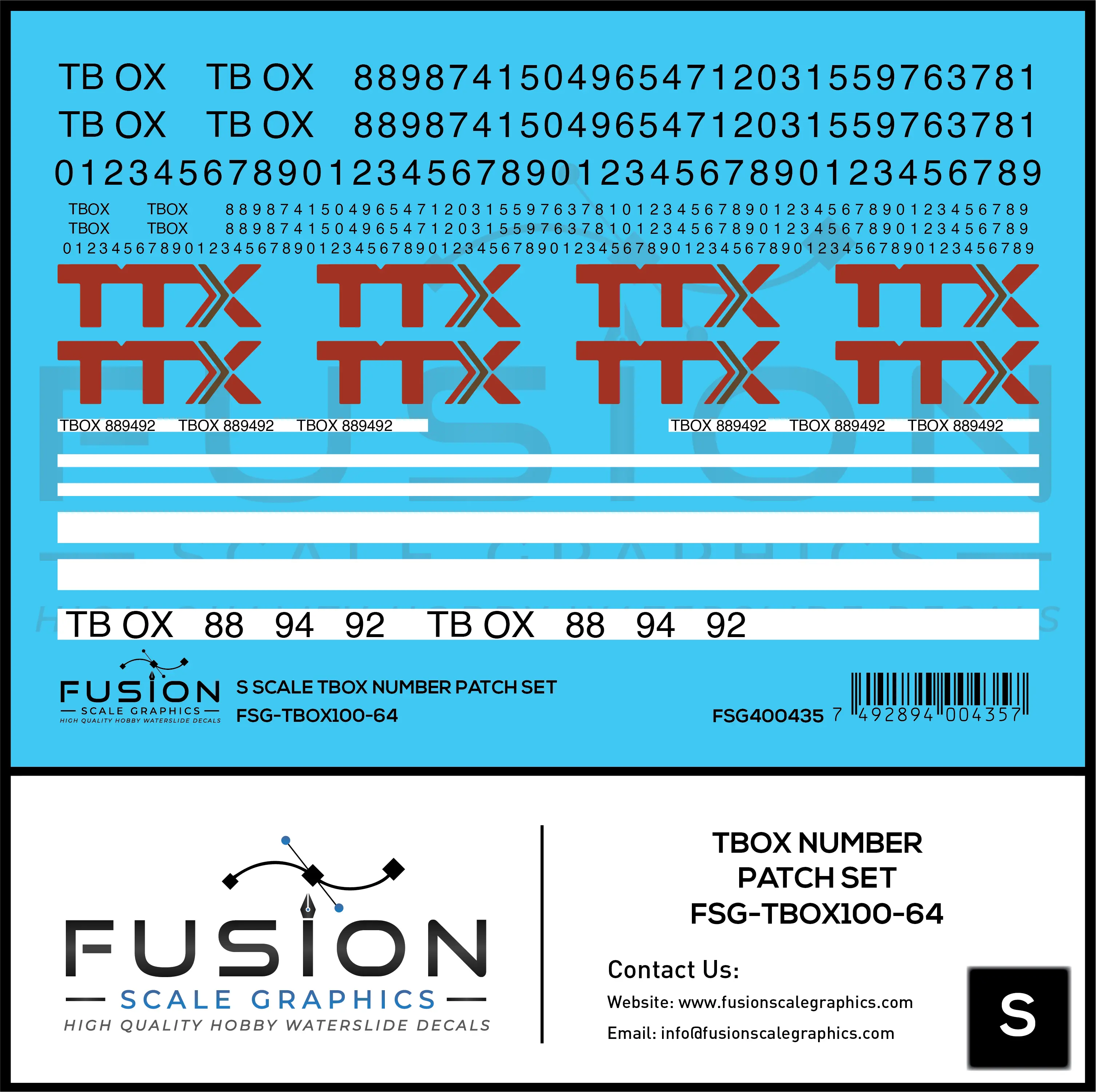 S Scale TBOX Car Number Patching Decal Set Fusion Scale Graphics