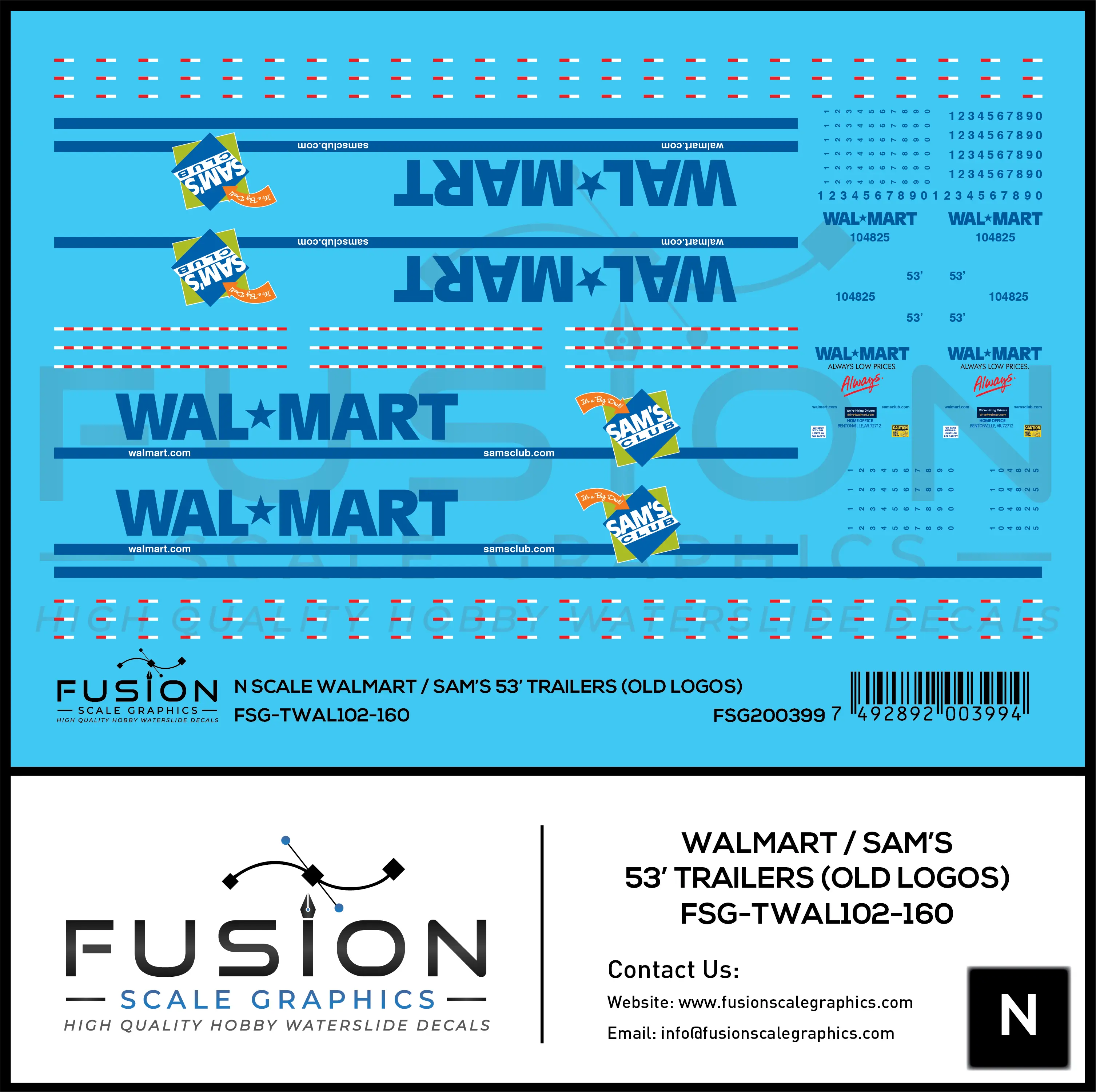 N Scale Walmart / Sam's Club Old Logo 53' Trailers Decal Set Fusion Scale Graphics