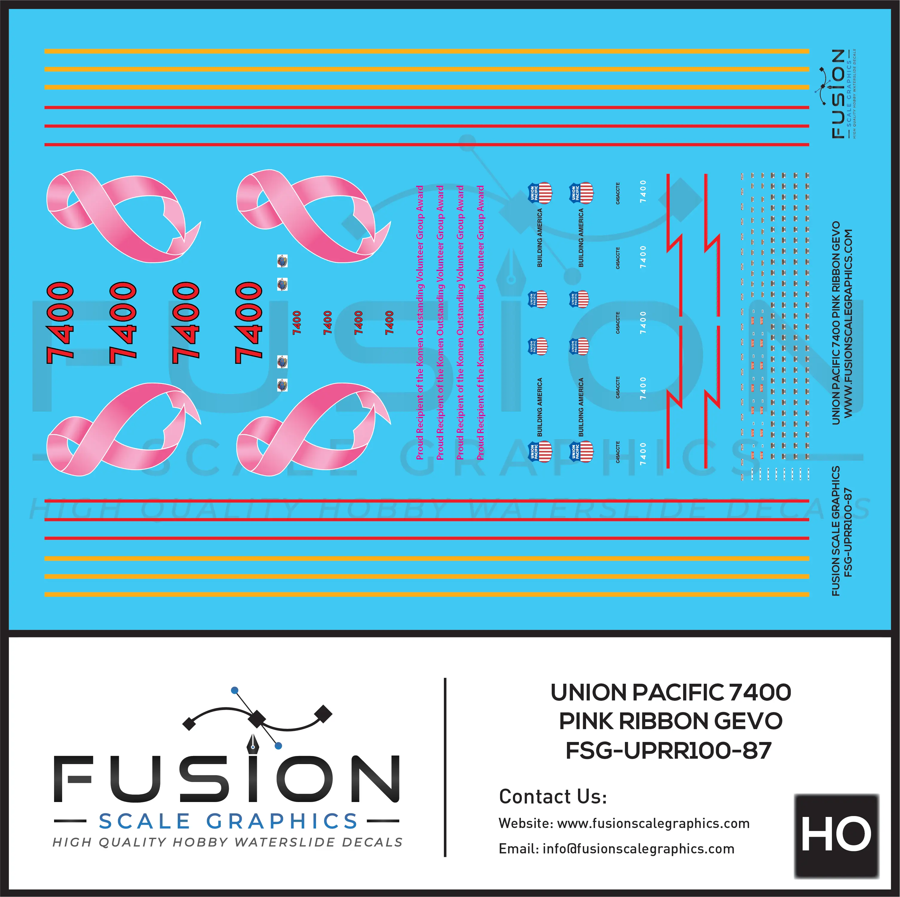 HO Scale Union Pacific 7400 Pink Ribbon GEVO Locomotive Decal Set Fusion Scale Graphics