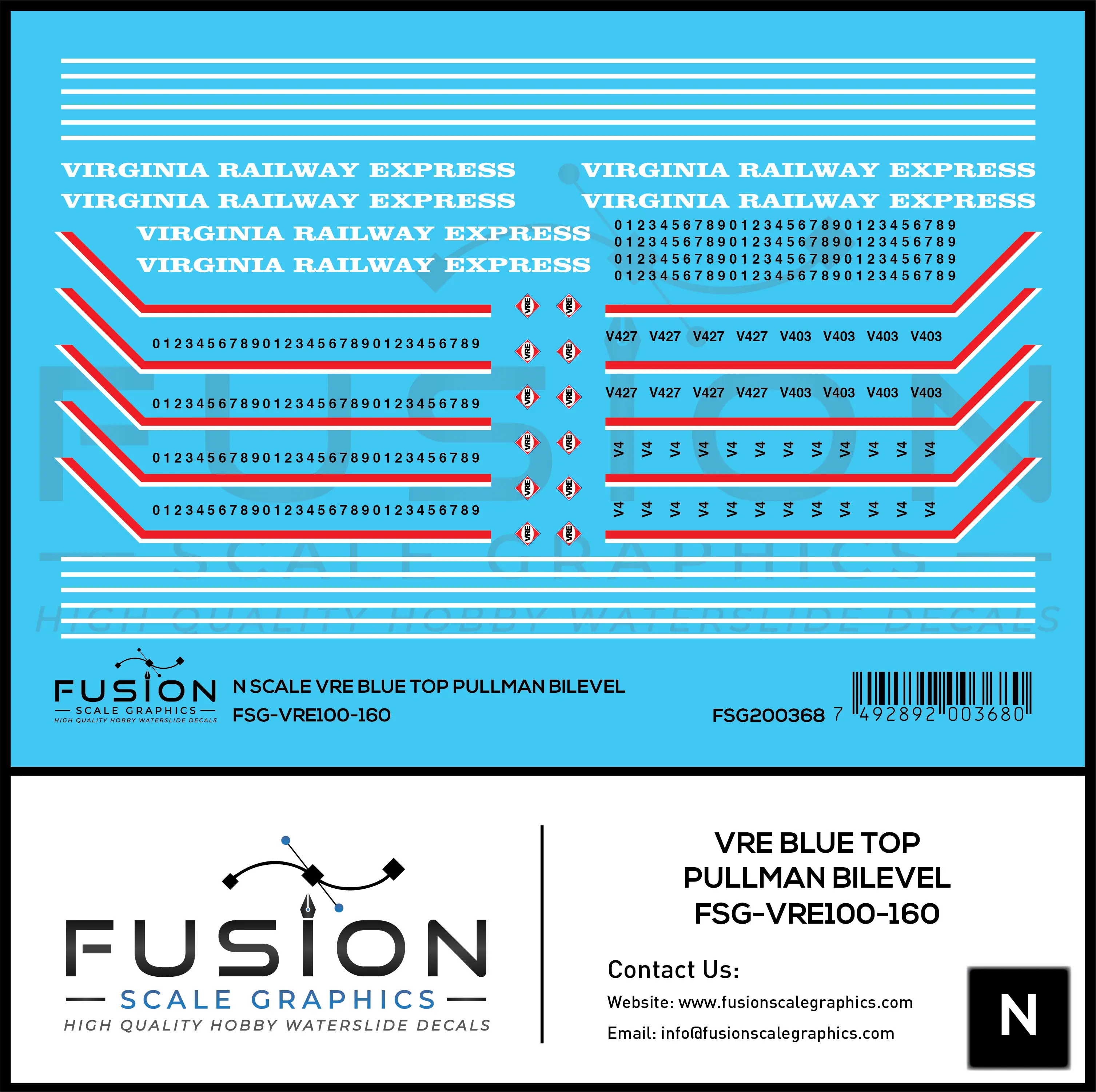 N Scale VRE Virginia Railway Express Blue Top Pullman Bilevels Decal Set Fusion Scale Graphics