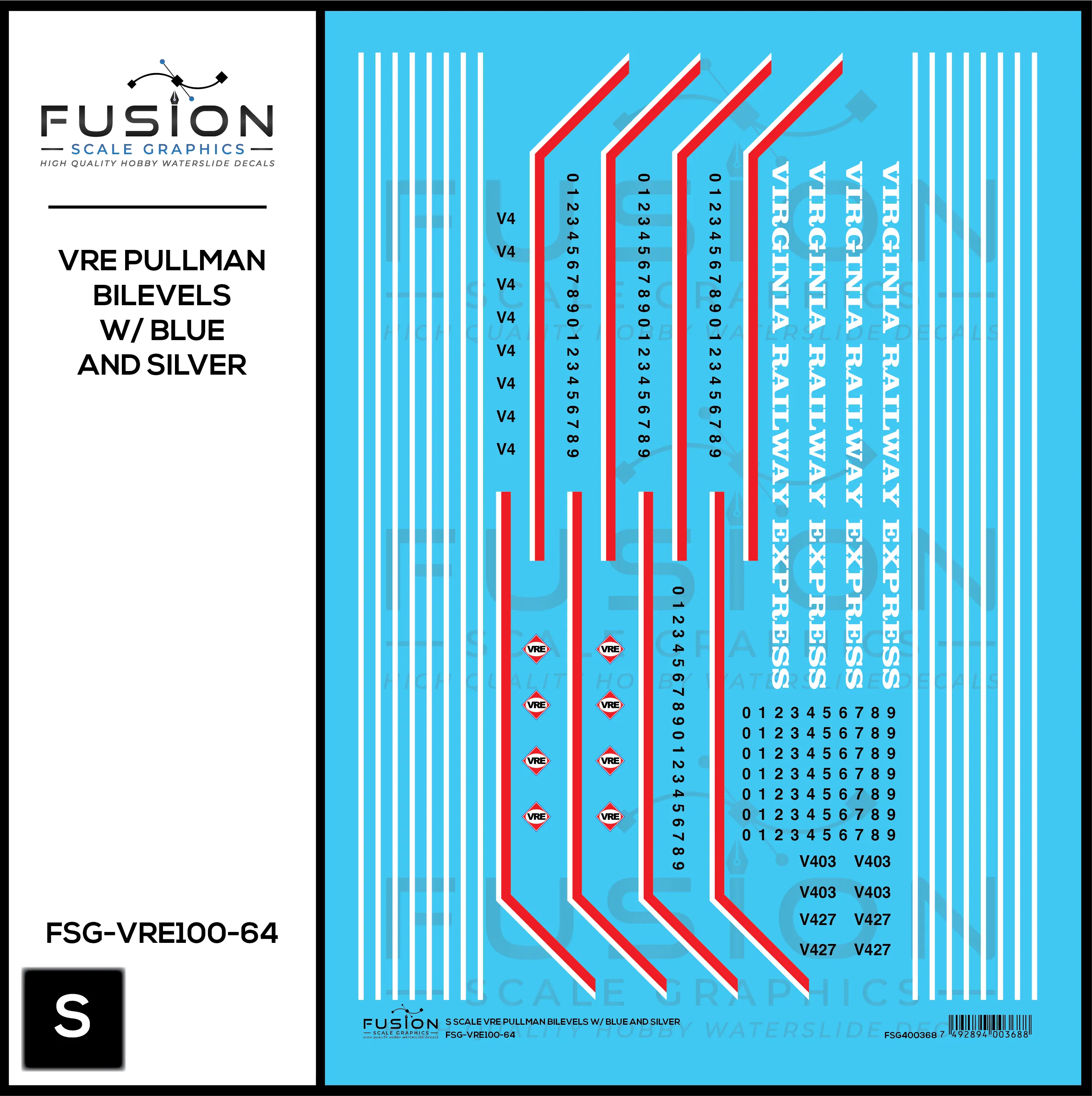 S Scale VRE Virginia Railway Express Blue Top Pullman BiLevel Decal Set Fusion Scale Graphics