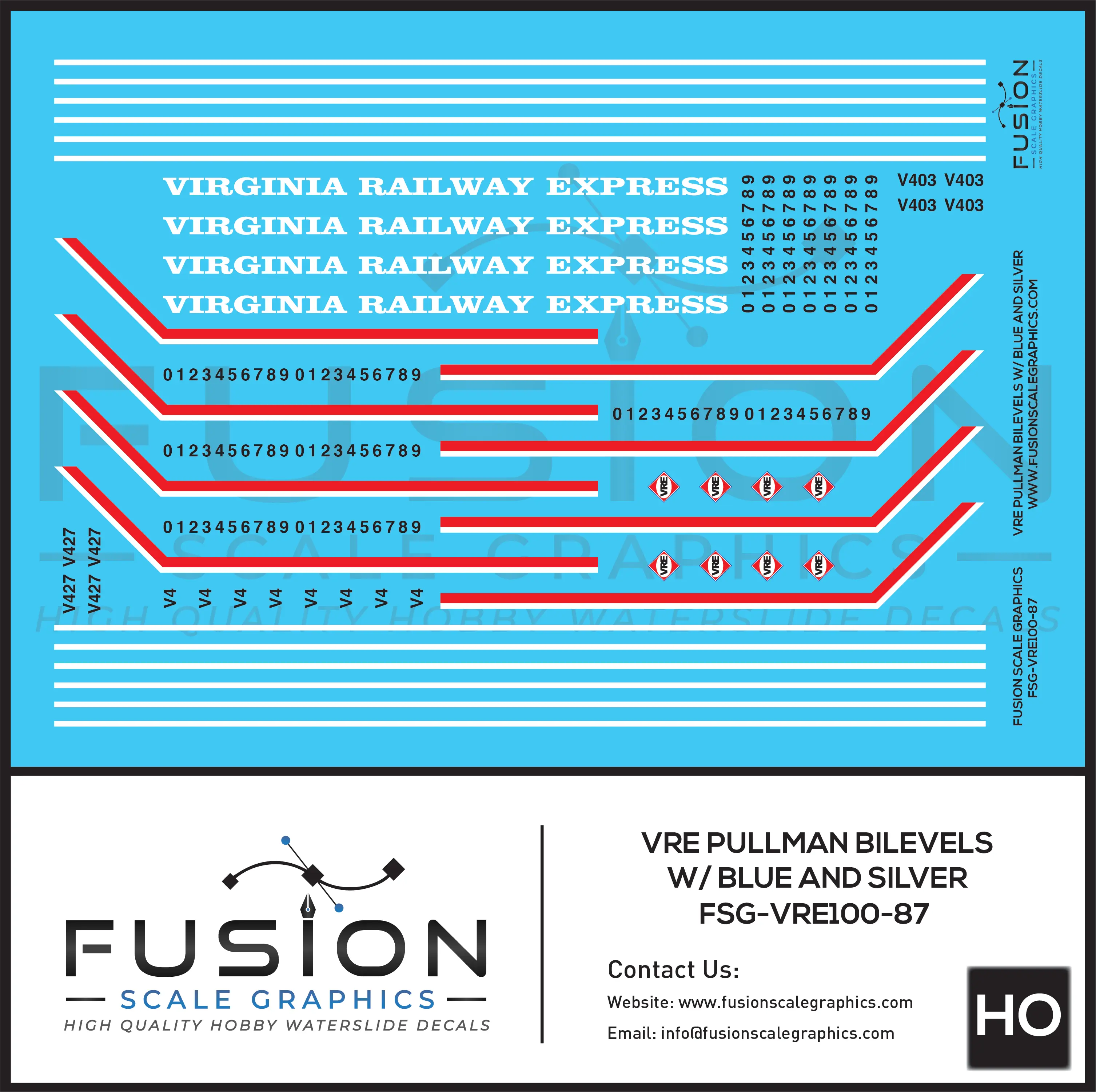HO Scale VRE Virginia Railway Express Blue Top Pullman BiLevel Decal Set Fusion Scale Graphics