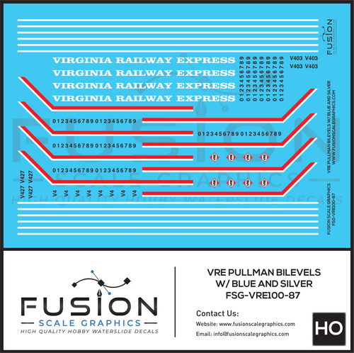 HO Scale VRE Virginia Railway Express Blue Top Pullman BiLevel Decal Set Fusion Scale Graphics