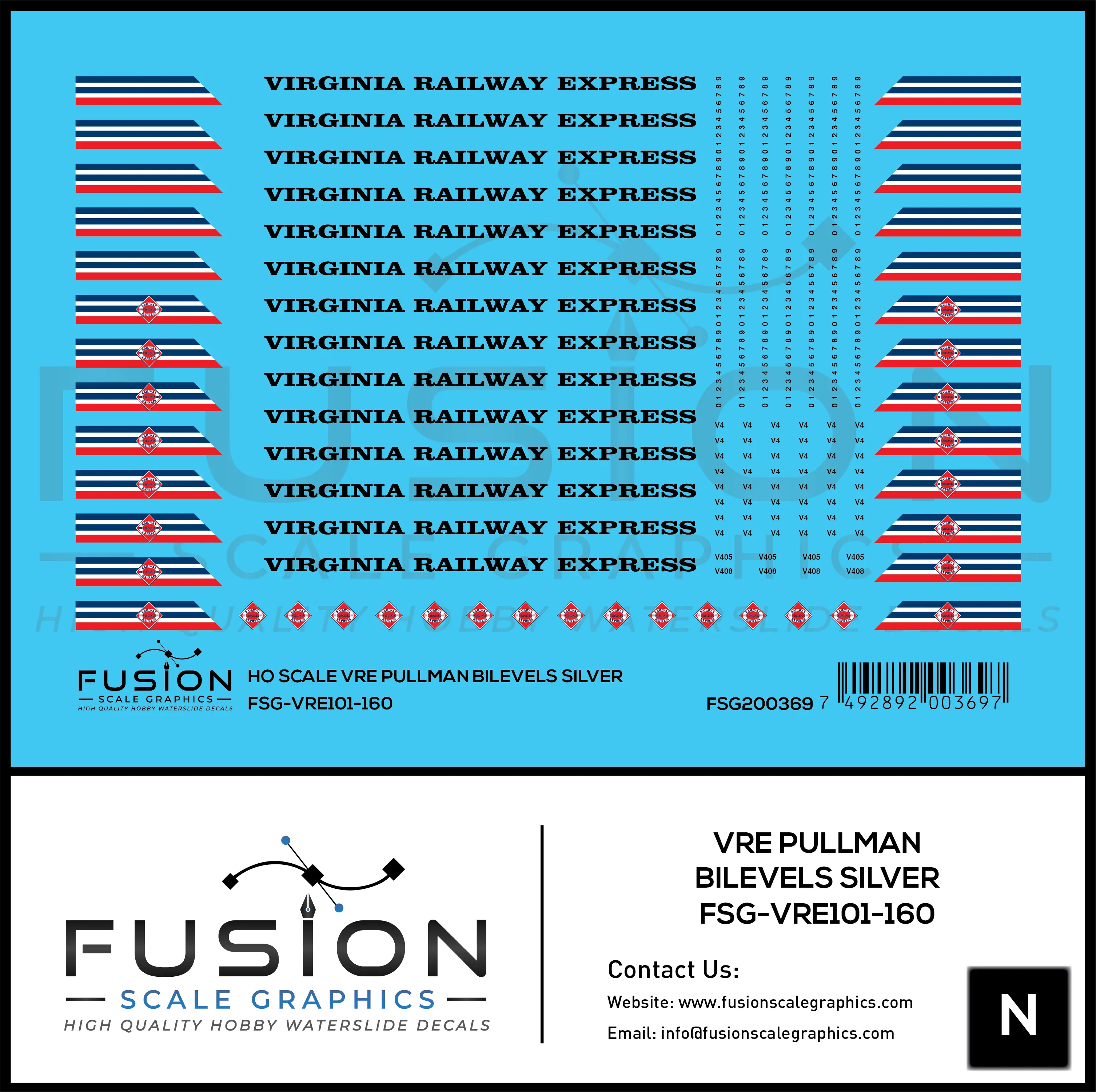 N Scale VRE Virginia Railway Express Silver Pullman Bilevel Decal Set Fusion Scale Graphics