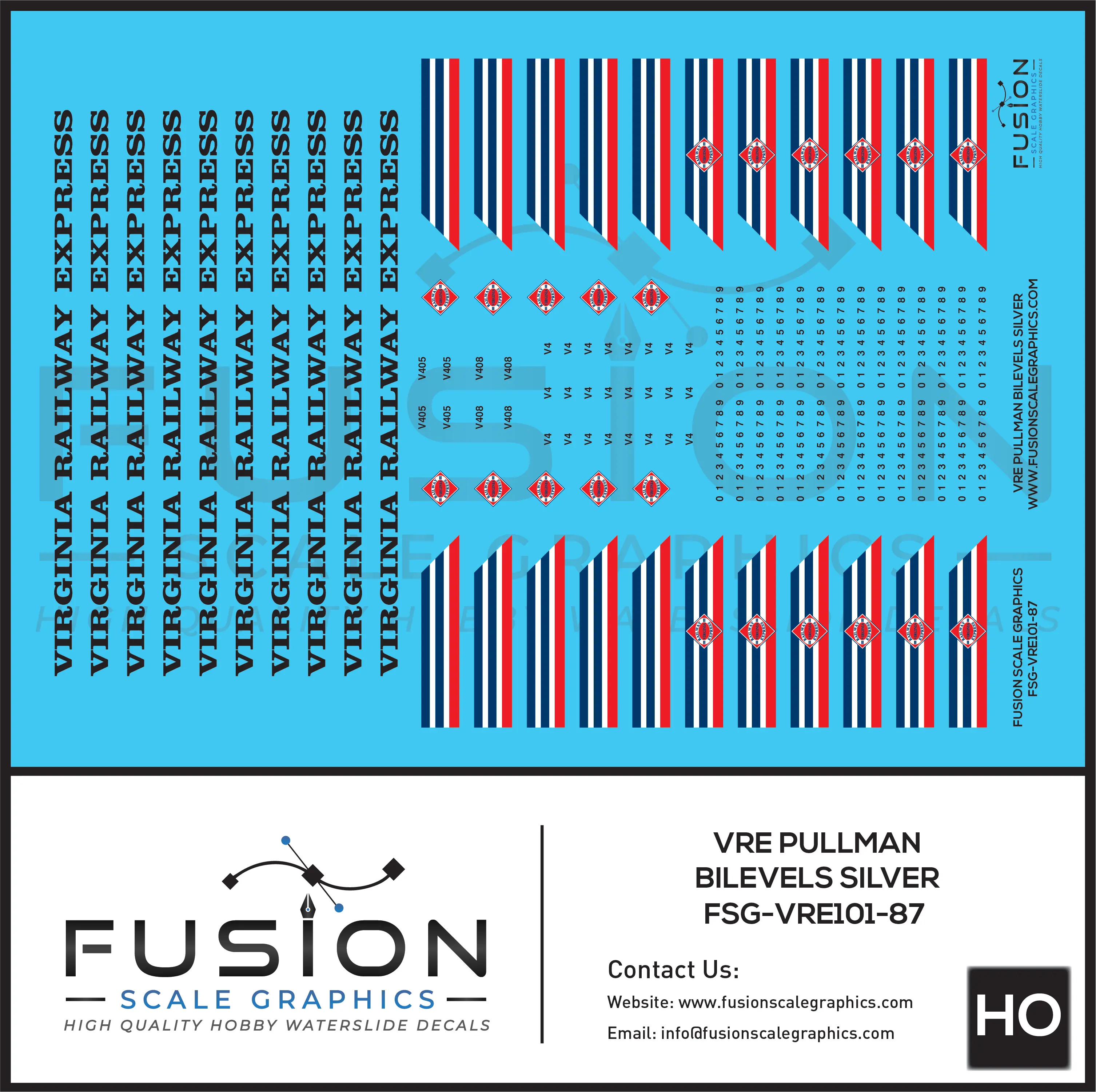 HO Scale VRE Virginia Railway Express Silver Pullman BiLevel Decal Set Fusion Scale Graphics