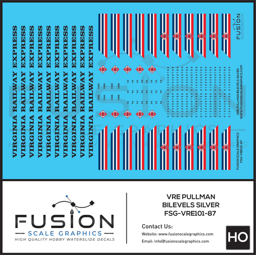 HO Scale VRE Virginia Railway Express Silver Pullman BiLevel Decal Set Fusion Scale Graphics