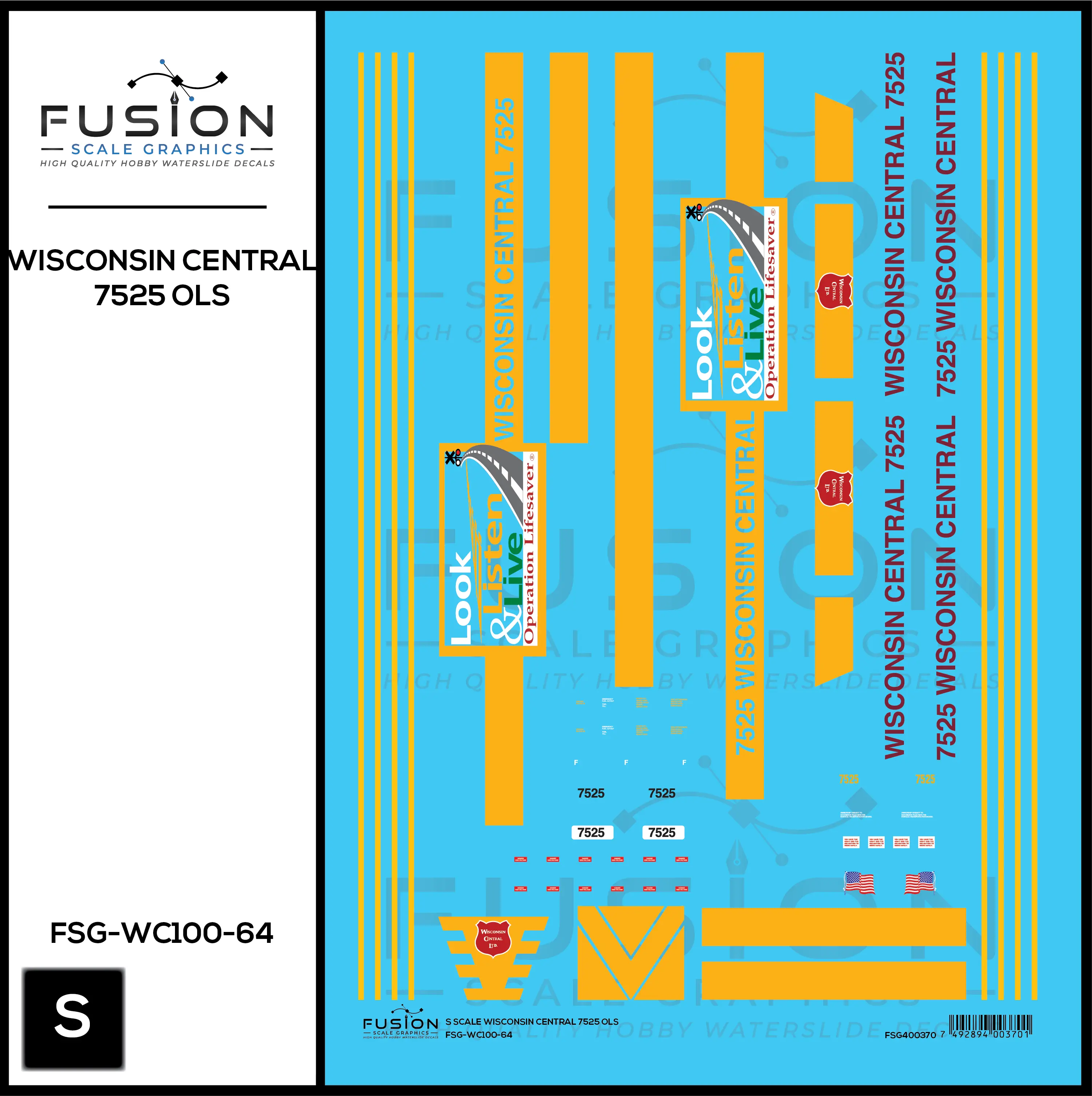 S Scale Wisconsin Central 7525 OLS SD45MQ-3 Locomotive Decal Set Fusion Scale Graphics