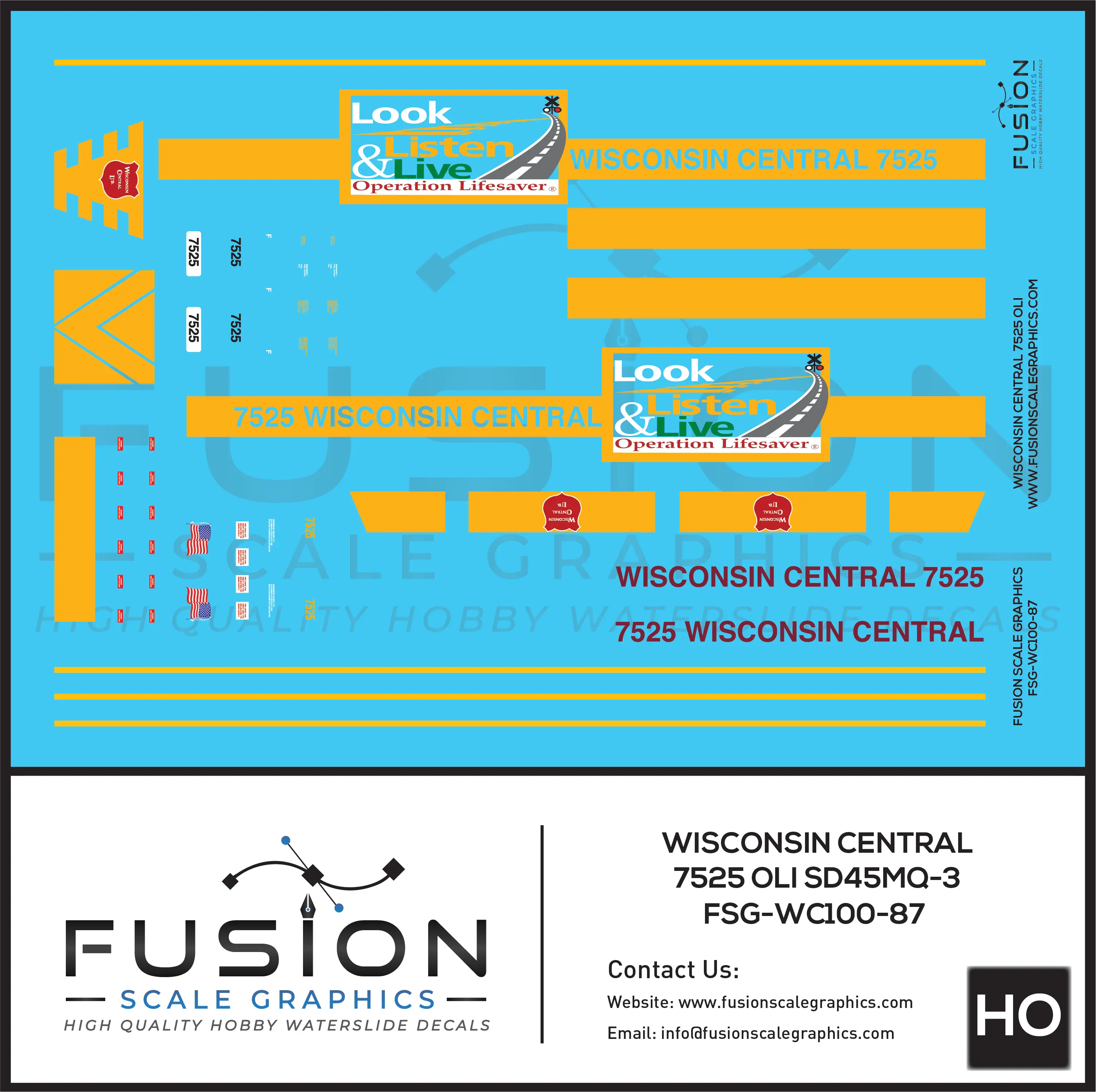HO Scale Wisconsin Central 7525 OLS SD45MQ-3 Locomotive Decal Set Fusion Scale Graphics