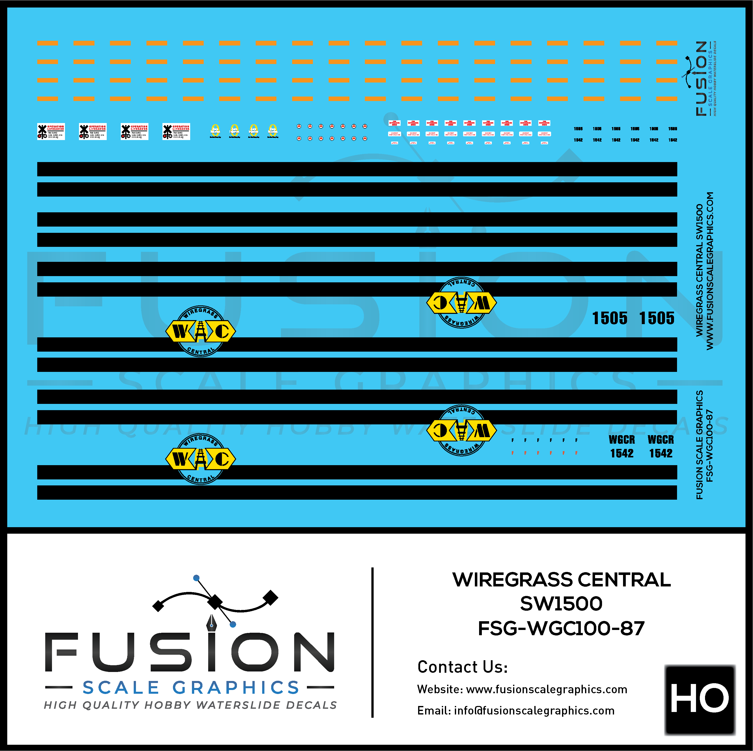 HO Scale Wiregrass Central EMD SW1500 Locomotives Decal Set Fusion Scale Graphics