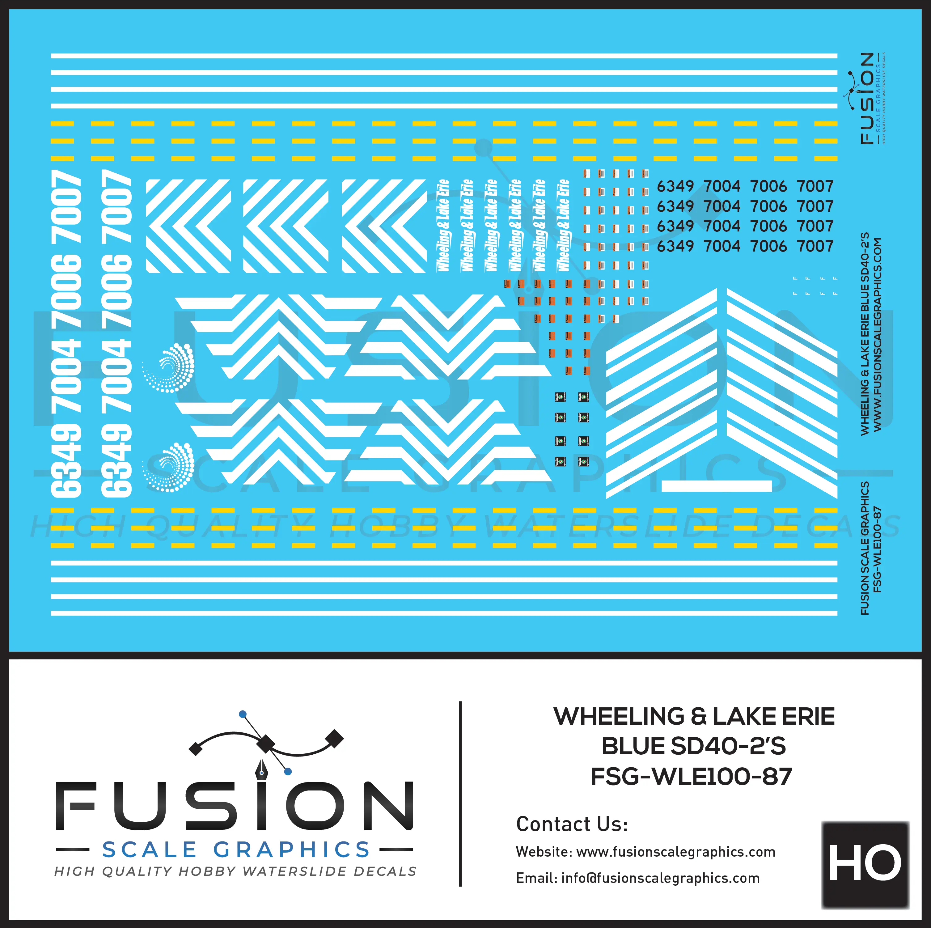 HO Scale Wheeling & Lake Erie Blue SD40-2 Locomotives Decal Set Fusion Scale Graphics