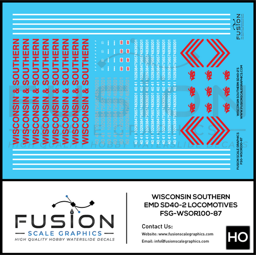 HO Scale Wisconsin & Southern EMD SD40-2 Locomotives Decal Set Fusion Scale Graphics
