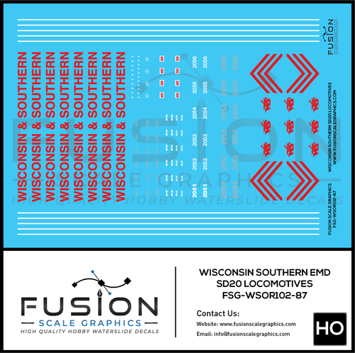 HO Scale Wisconsin & Southern EMD SD20 Locomoitve Decal Set Fusion Scale Graphics