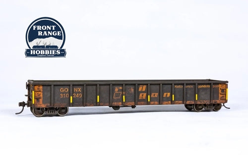 HO Scale Walthers Mainline 53' Railgon Gondola - Ready To Run -- Railgon GONX #310240 (as-built; black, yellow) (Weathered) Front Range Hobbies