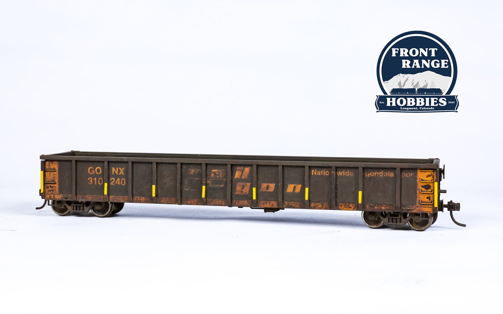 HO Scale Walthers Mainline 53' Railgon Gondola - Ready To Run -- Railgon GONX #310240 (as-built; black, yellow) (Weathered)