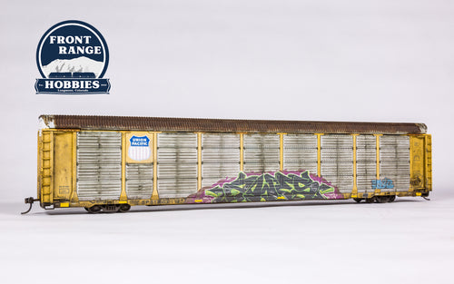 HO Scale  Walthers Proto 89' Thrall Enclosed Tri-Level Auto Carrier - Ready to Run -- Union Pacific(R) Rack, Flat SP(TM) #517503 (yellow, silver, Shield Logo) Weathered