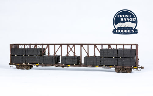 HO Scale Atlas Master(R) 73' Center-Partition (Centerbeam) Flatcar - Ready to Run -- Union Pacific #275239 (Boxcar Red, yellow Conspicuity Marks) (Weathered) w/ Tie Load