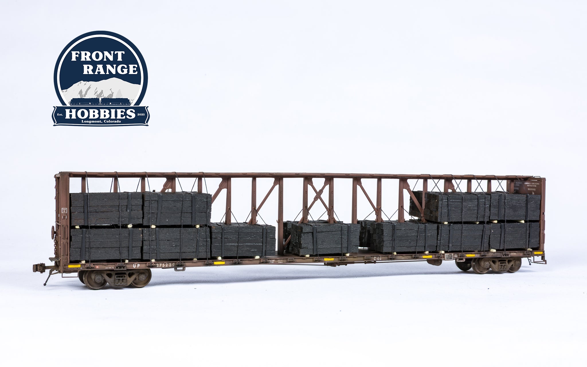 HO Scale Atlas Master(R) 73' Center-Partition (Centerbeam) Flatcar - Ready to Run -- Union Pacific #275239 (Boxcar Red, yellow Conspicuity Marks) (Weathered) w/ Tie Load